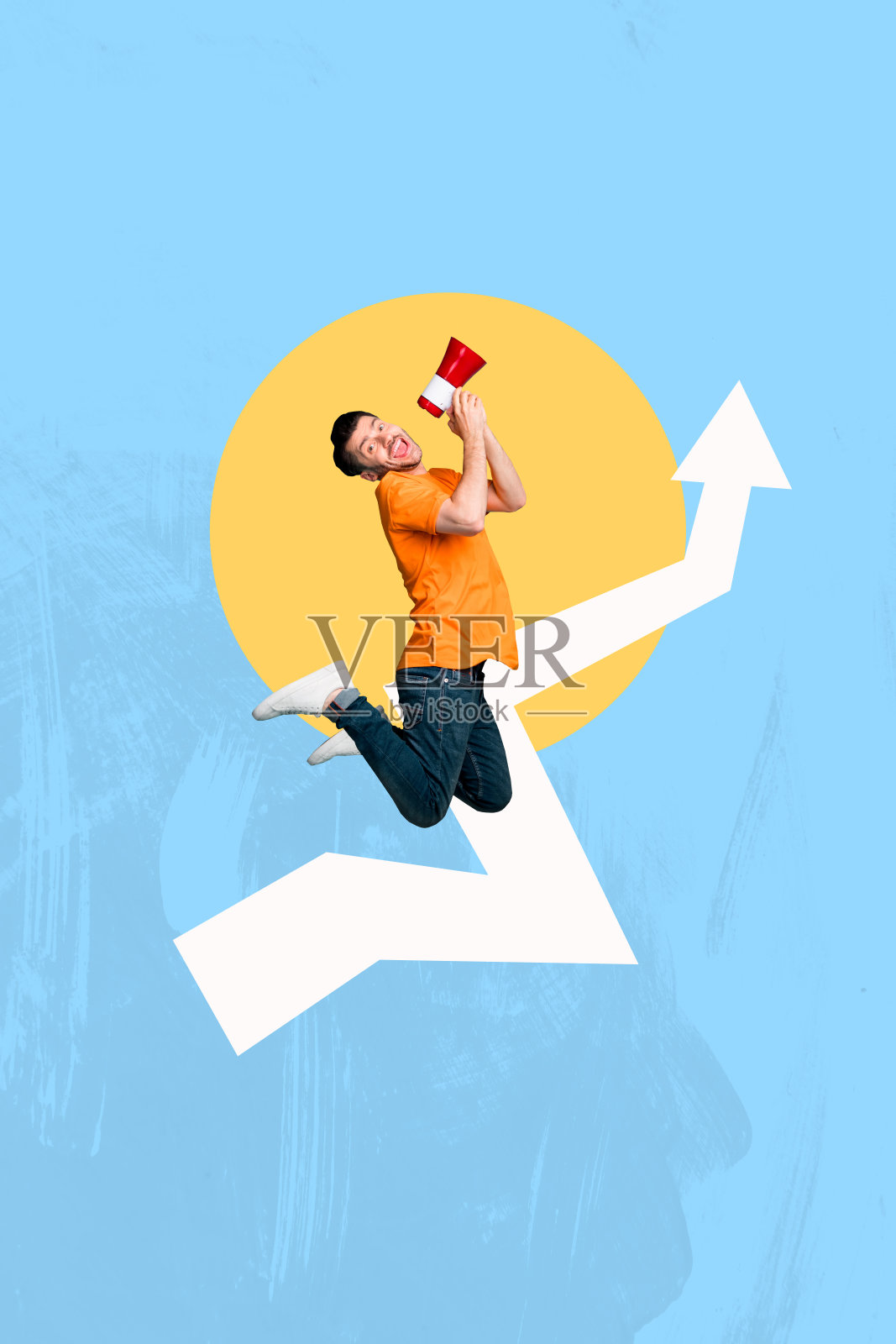 成功人士与象征财务增长和商业进步的大型上升箭头或统计图的拼贴画照片摄影图片