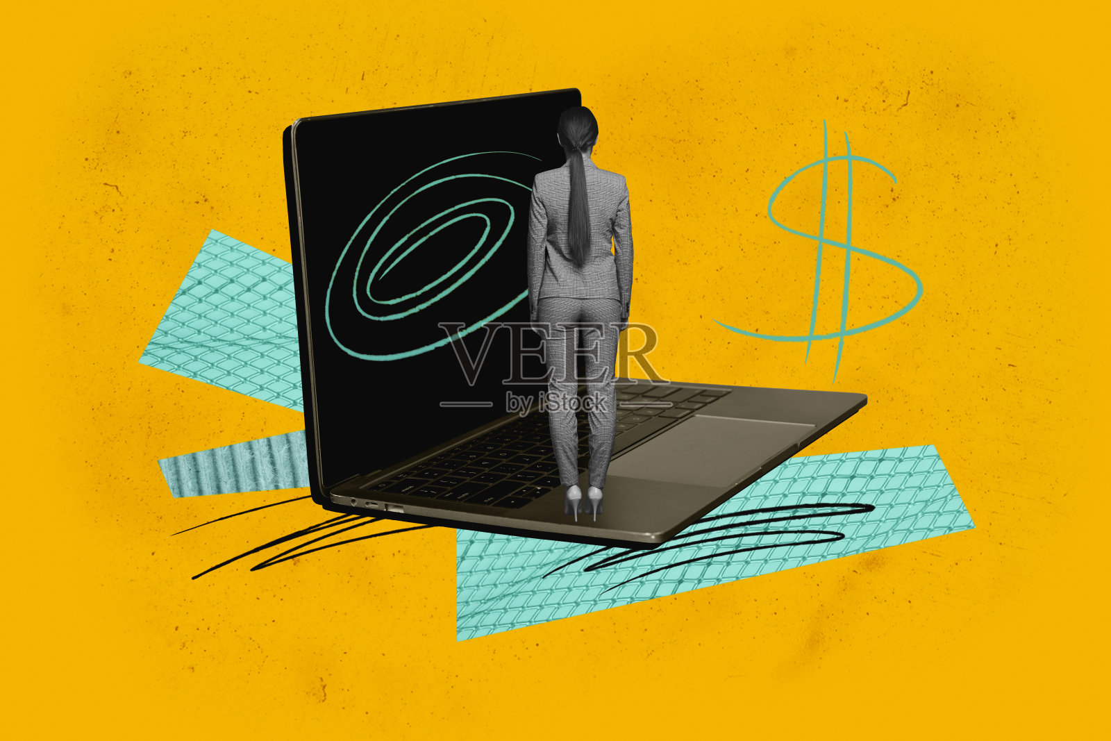 全3D杂志流行趋势拼贴，快乐的男商人和女商人站在笔记本电脑旁，象征着美元收入、资本、自由职业者和利润。照片摄影图片