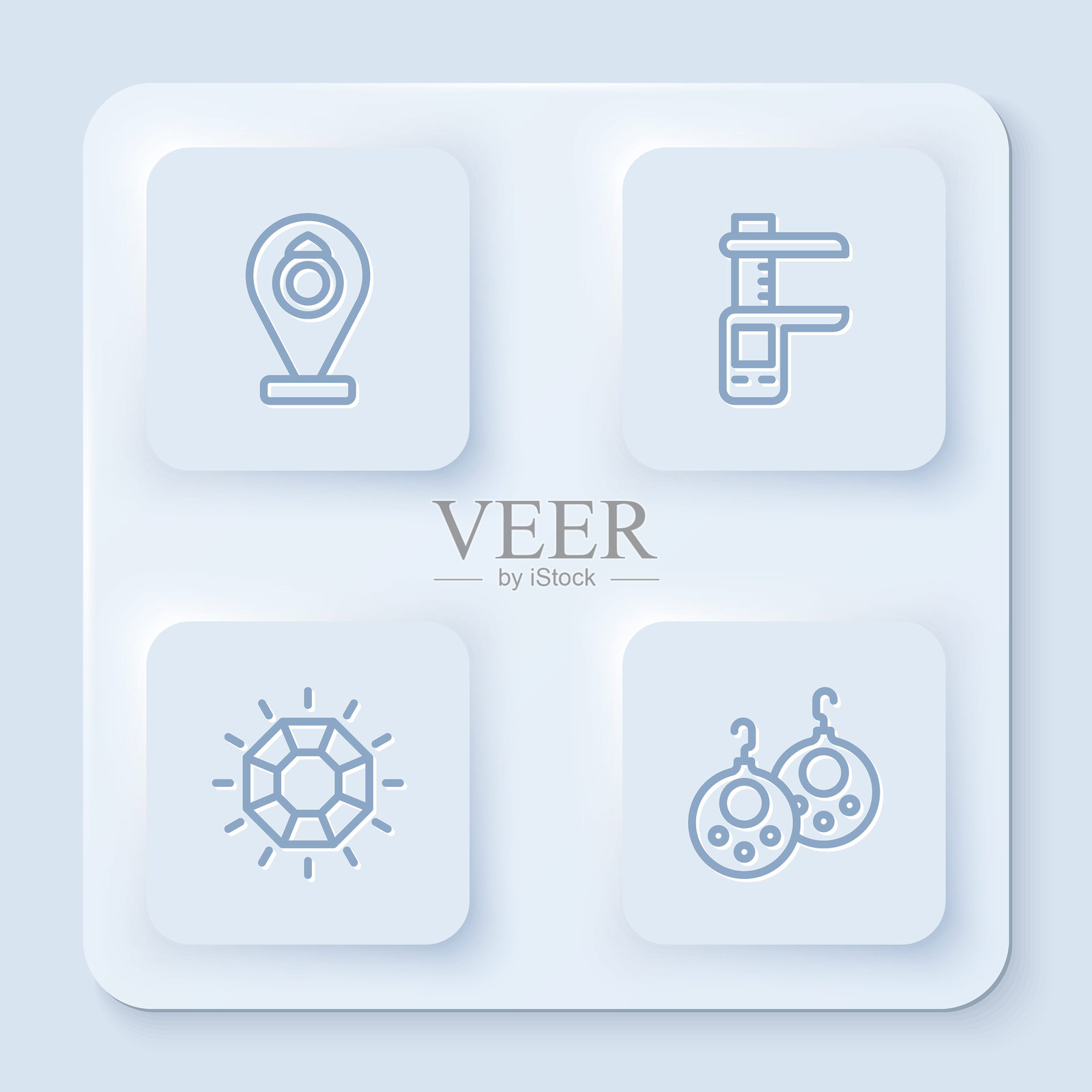 珠宝店的展示柜，卡尺和秤，钻石和耳环。白色方形按钮。矢量图。插画图片素材