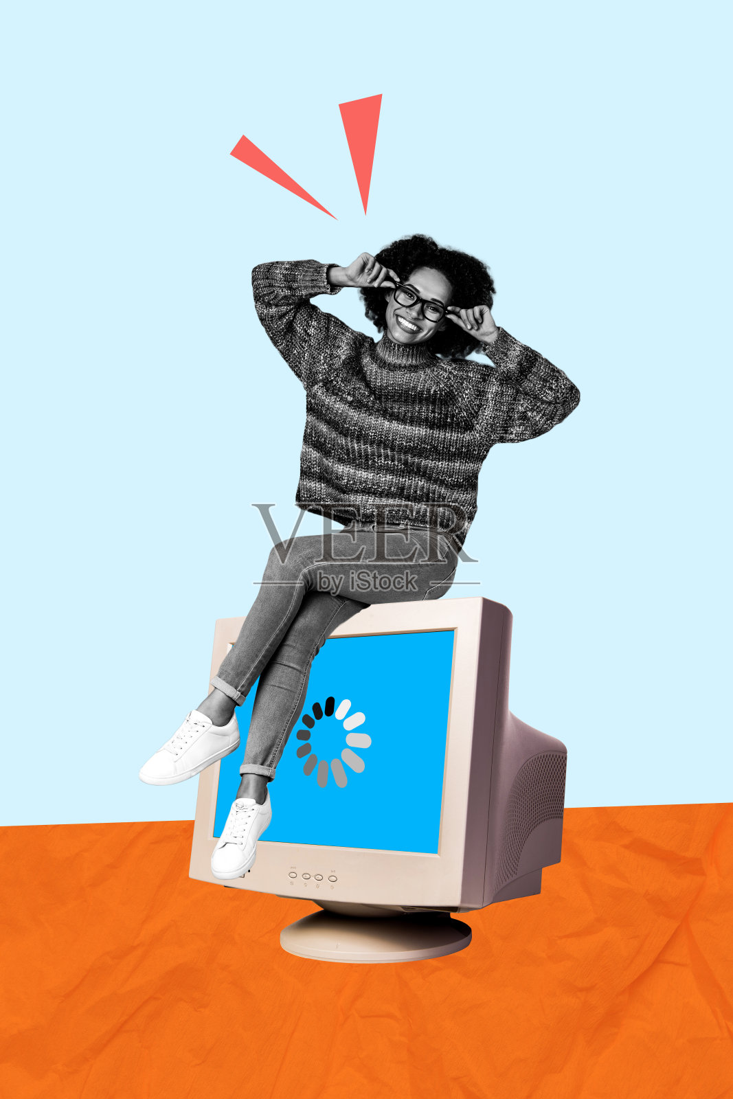 趋势艺术作品素描图像合成拼贴，单色年轻聪明女性，戴眼镜，坐在电脑显示器前，加载浏览代码。照片摄影图片