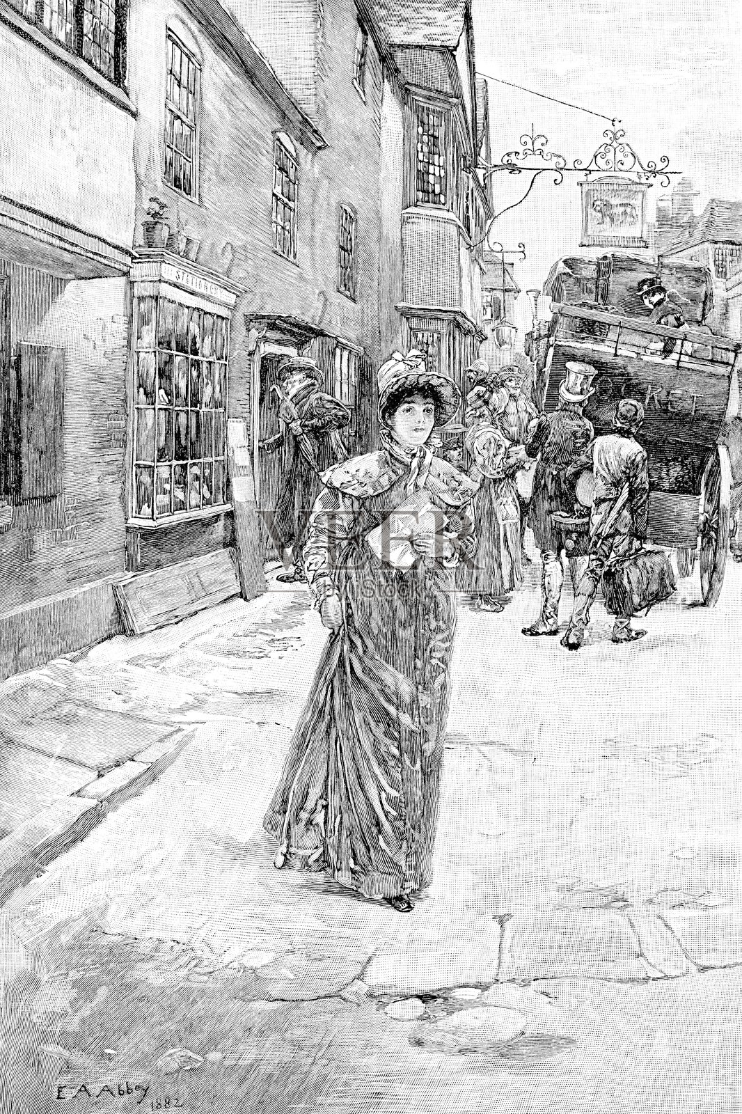 马车刚到邮局，年轻女子微笑着手持一封信。插画图片素材