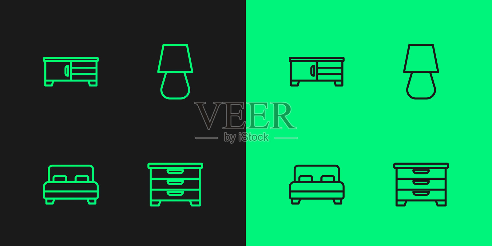 抽屉柜、双人床、电视柜和台灯图标。矢量图。插画图片素材