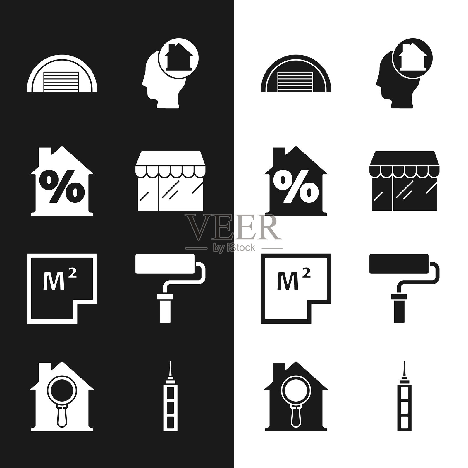 市场商店，带有折扣的房屋，车库，梦想购买房子的男人，计划，油漆滚筒刷，摩天大楼和搜索图标。矢量图。插画图片素材