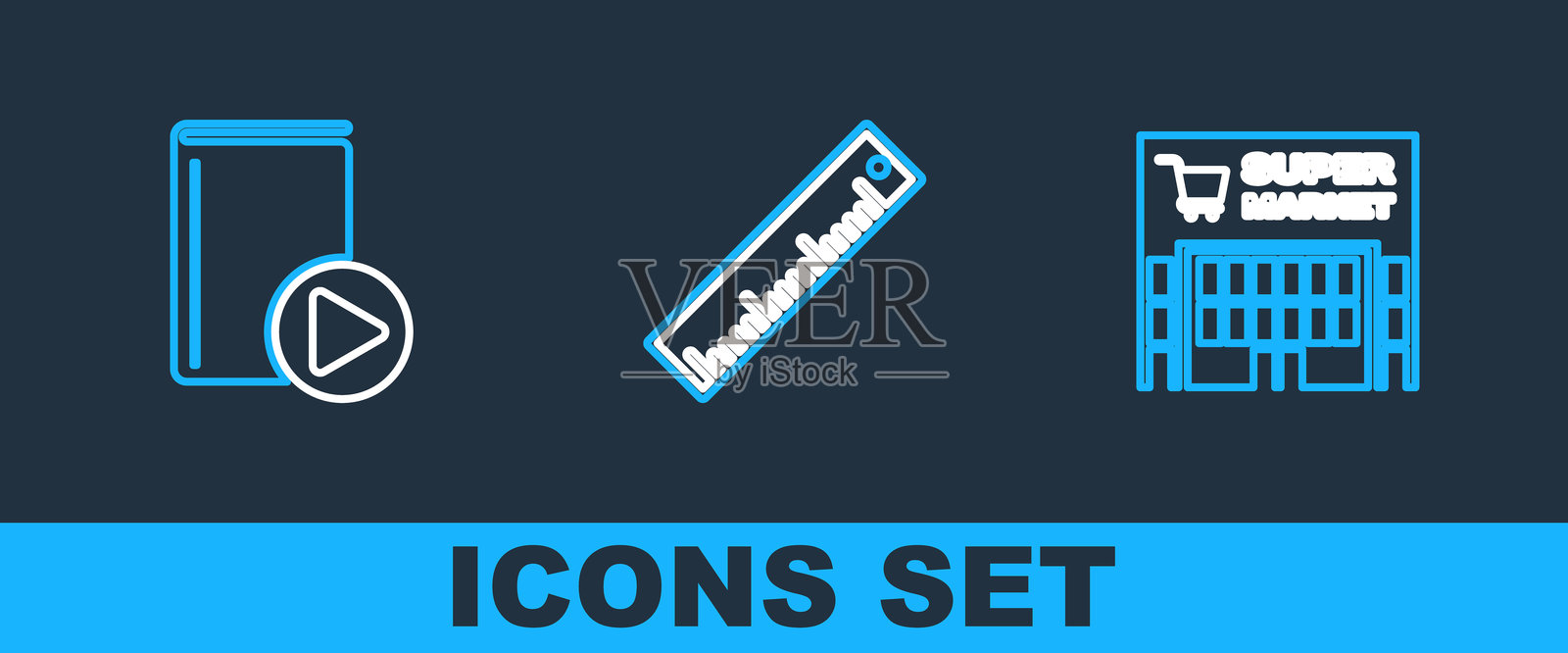 超市建筑线条图，听书图标和尺子图标。矢量图。插画图片素材