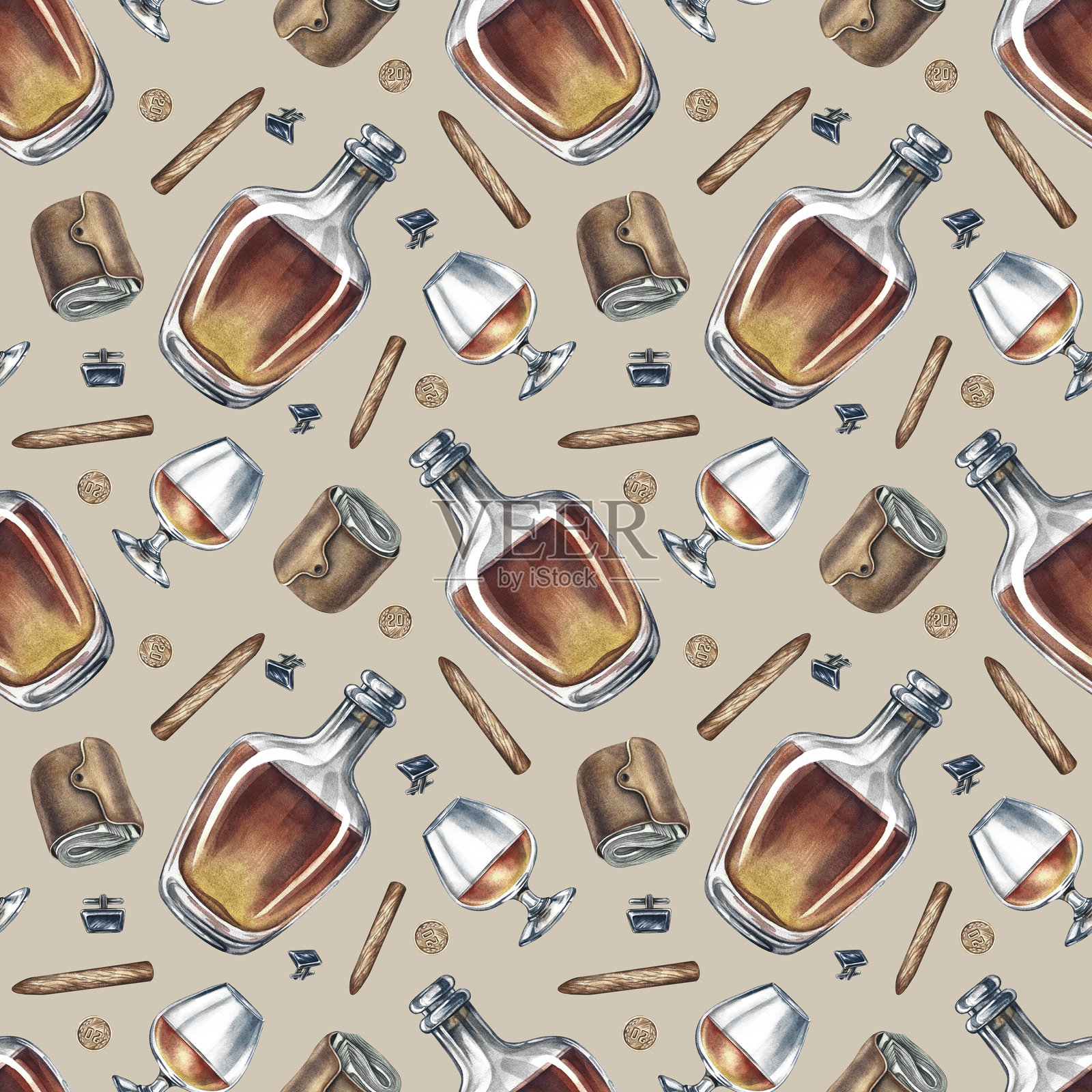 男士主题的无缝图案，包含干邑、钱包和雪茄。手绘水彩插图。非常适合用于纺织品、包装纸和包装，酒吧和酒馆的装饰等多种用途。插画图片素材