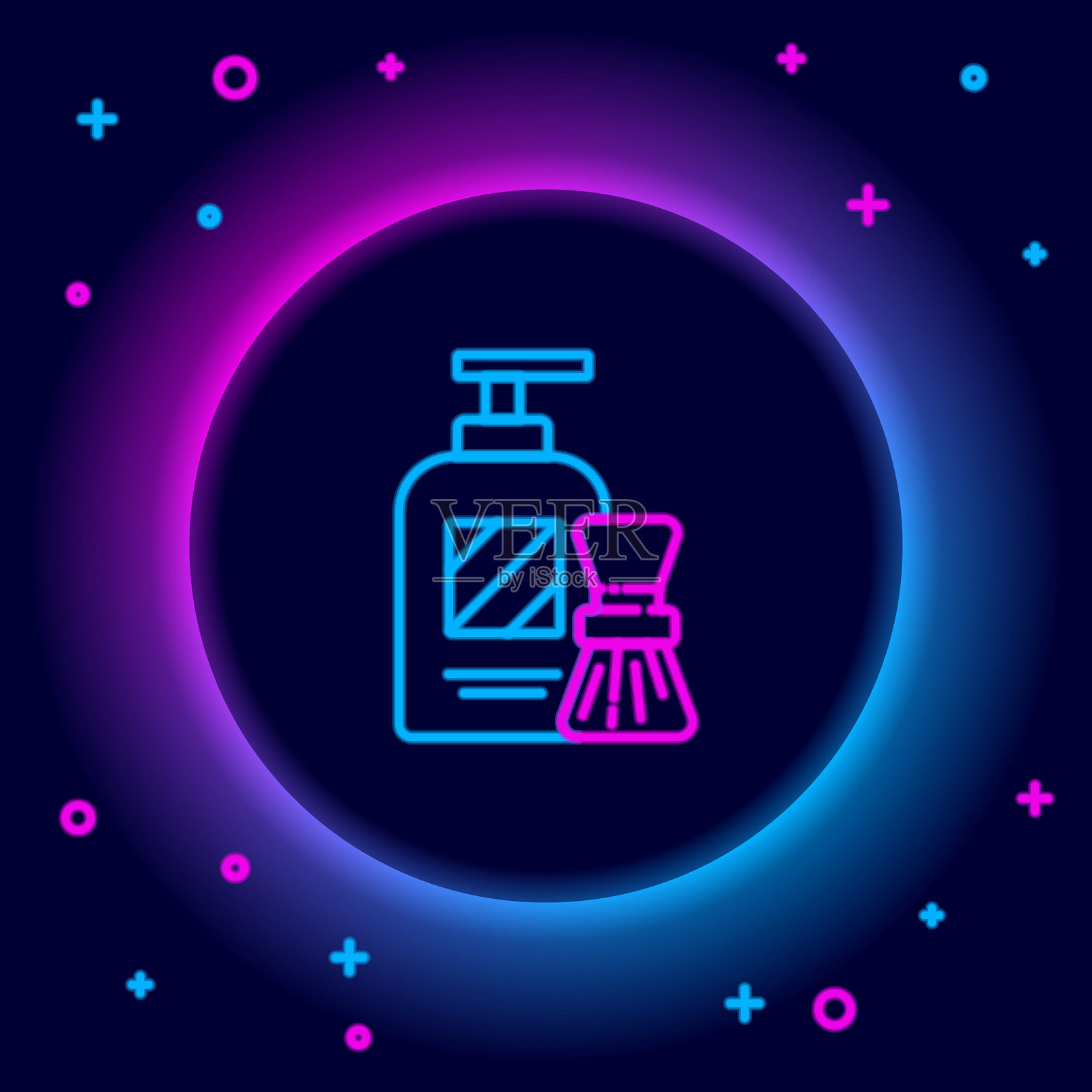 发光的霓虹线剃须胶泡沫和刷子图标，背景为黑色。剃须膏。彩色轮廓概念。矢量图。插画图片素材