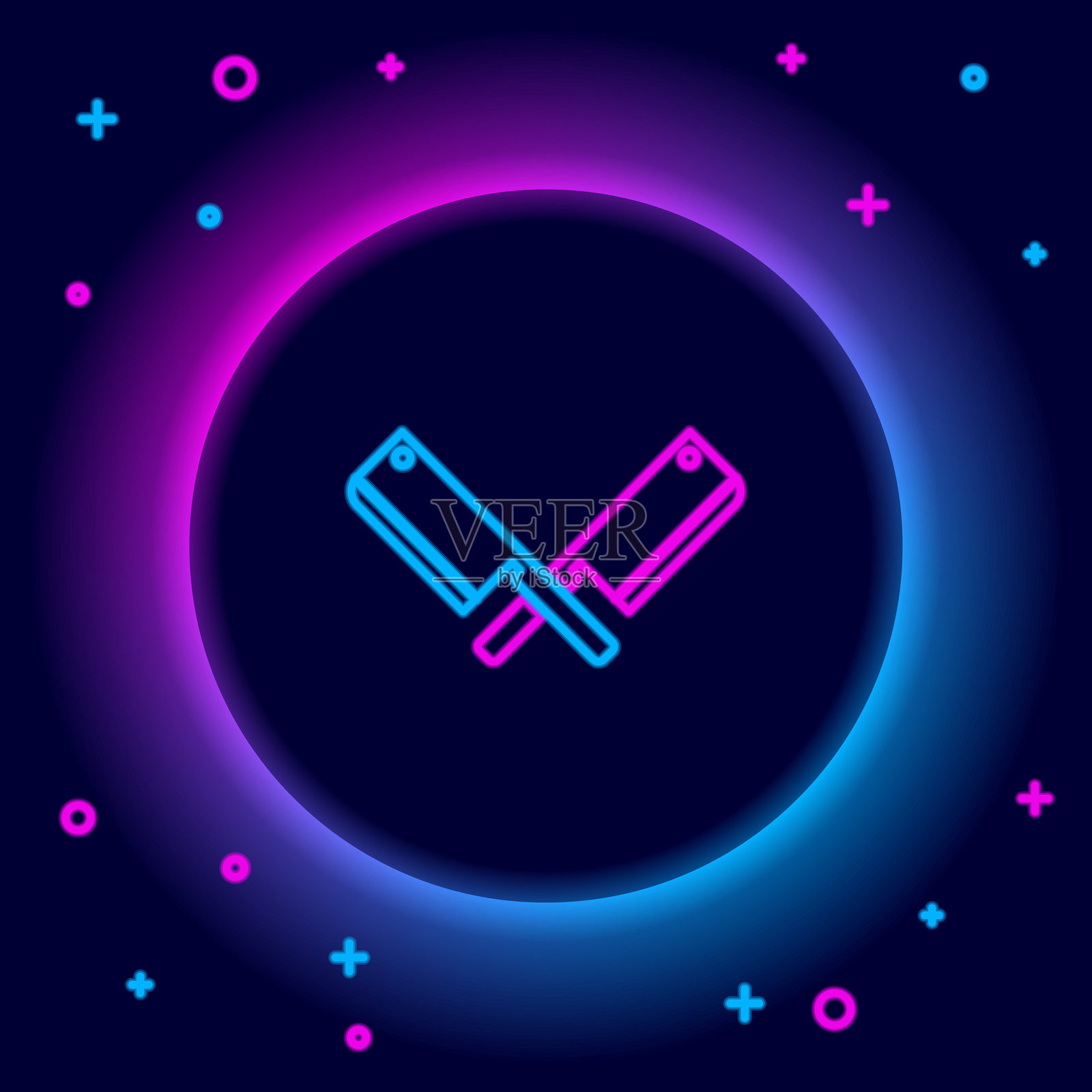 发光的霓虹线条交叉肉类切割器图标，背景为黑色。用于肉类的厨房刀具。屠夫刀。彩色轮廓概念。矢量图。插画图片素材