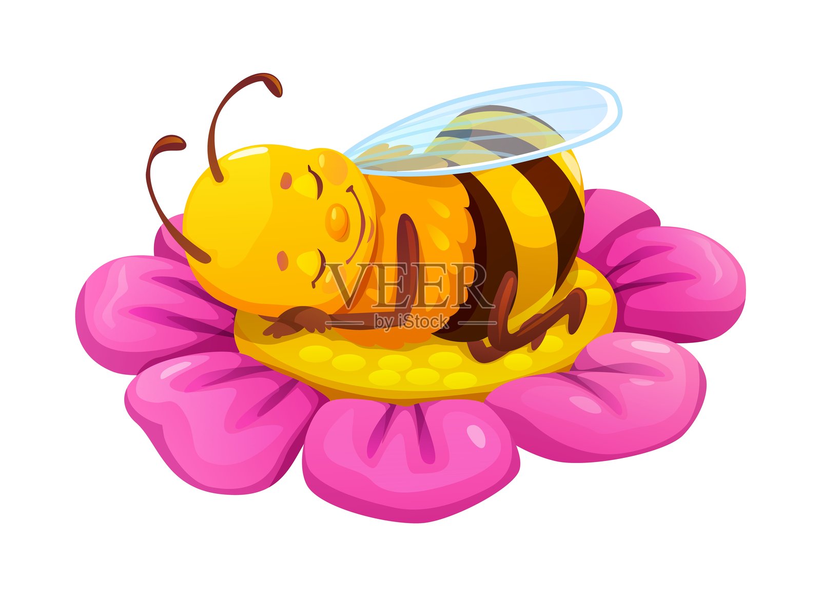 卡通蜜蜂角色在花园花朵上睡觉插画图片素材