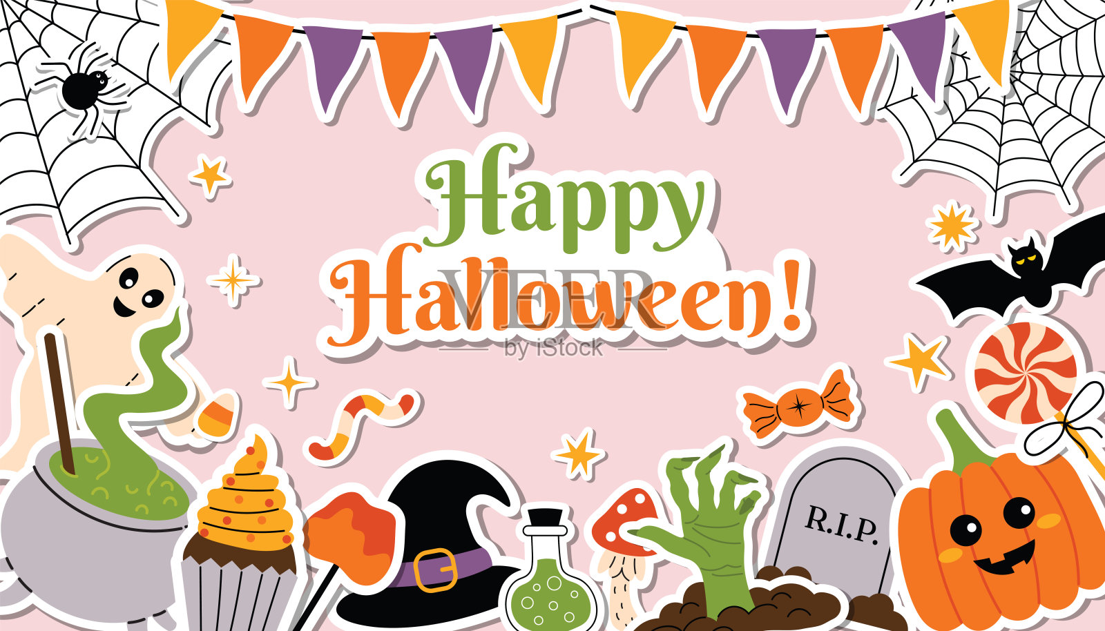 可爱的万圣节横向贺卡，边框装饰着有趣的恐怖贴纸，采用平面卡通风格。插画图片素材