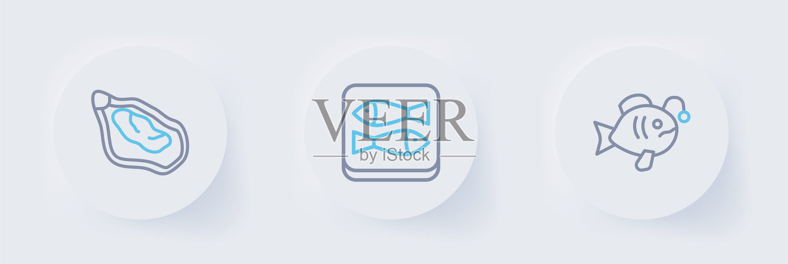 热带鱼、罐头和贻贝图标。矢量图。插画图片素材