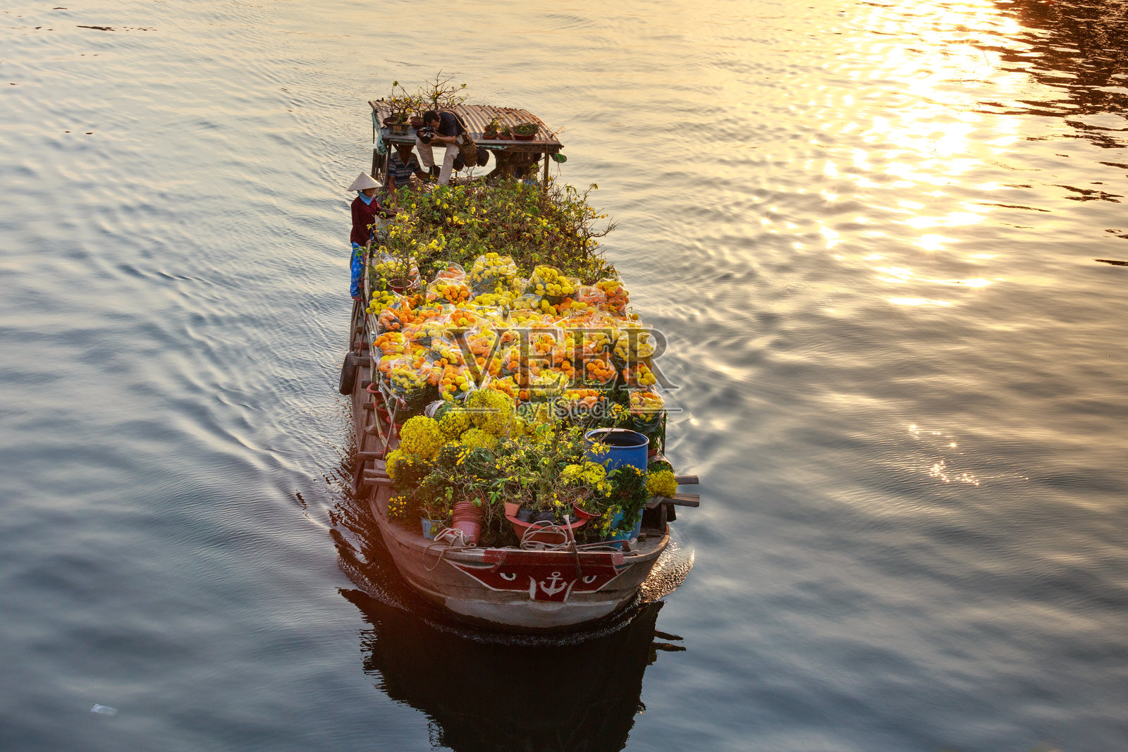 农历新年期间在运河上漂浮的花卉市场照片摄影图片