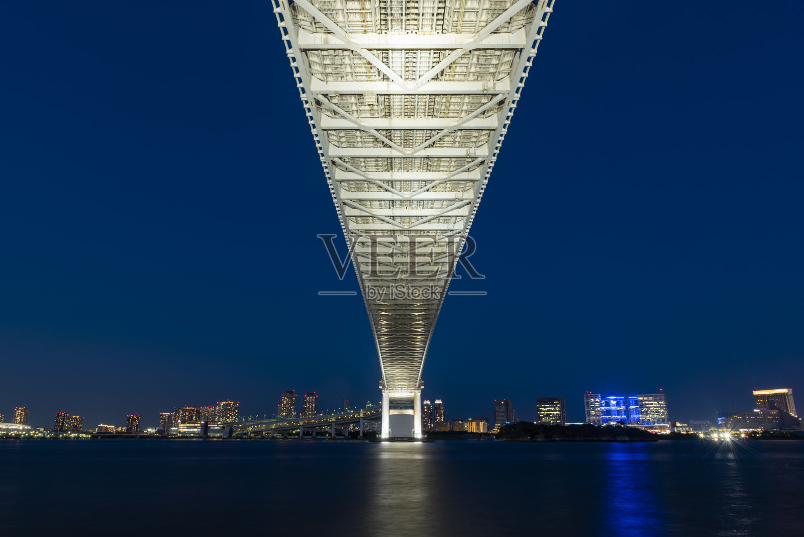 东京港区芝浦南码头公园夜景，彩虹桥与台场的美丽景观照片摄影图片