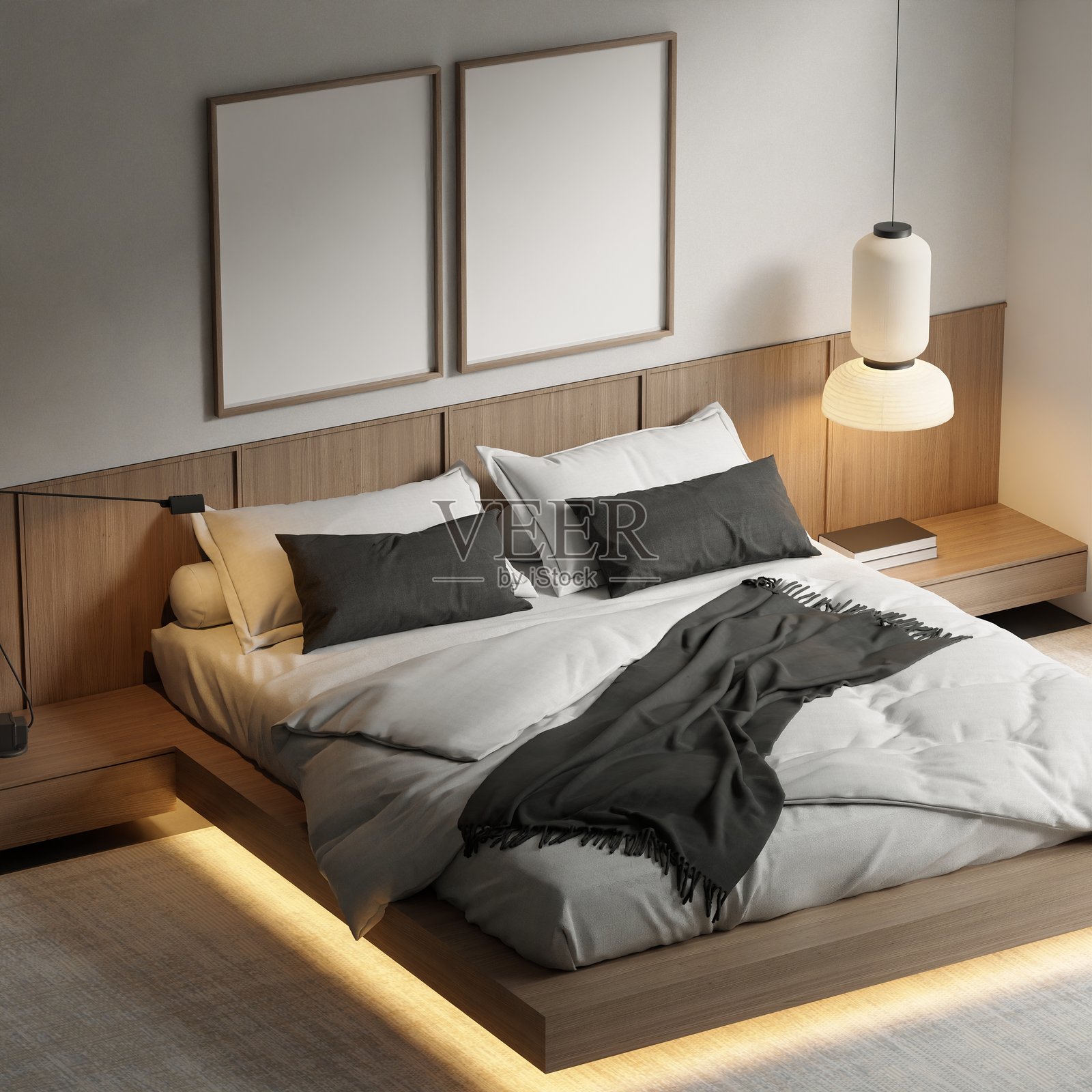 现代简约风格卧室，配有木质平台床 - 柔和的环境光照3D渲染照片摄影图片