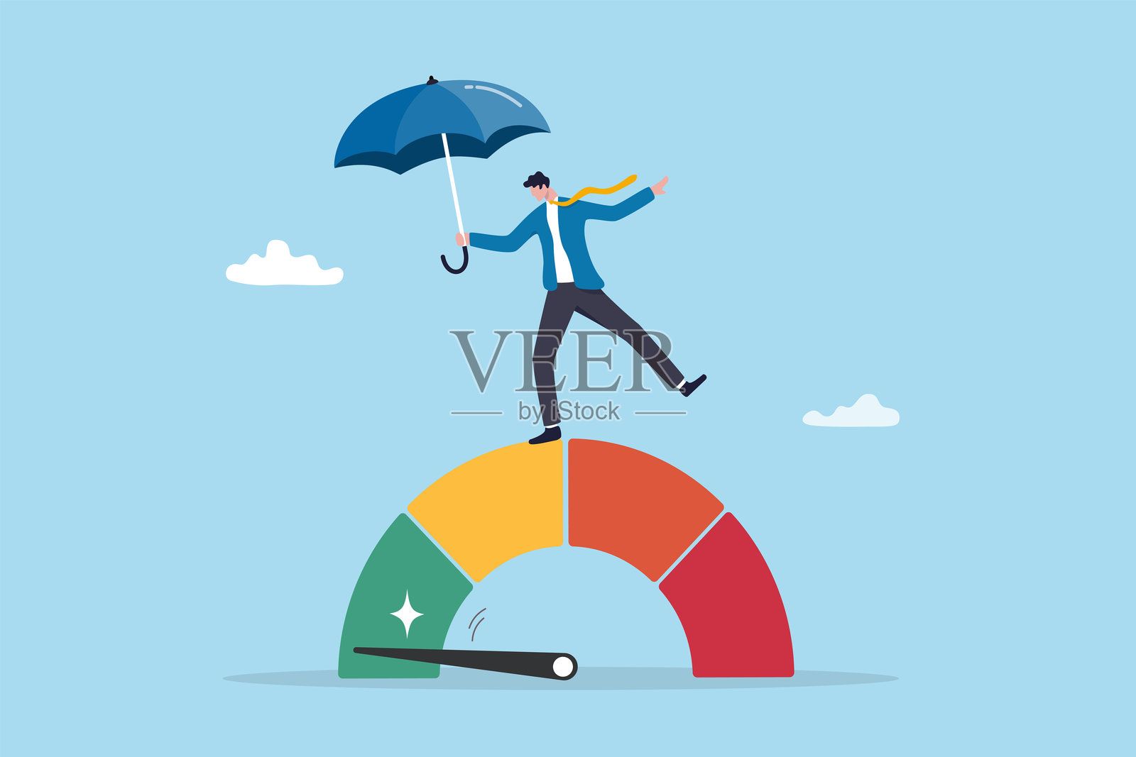 风险缓解，识别威胁并控制或防止潜在影响，降低失败的可能性，评估安全水平，商人手持保护伞在风险仪表上进行测量。插画图片素材