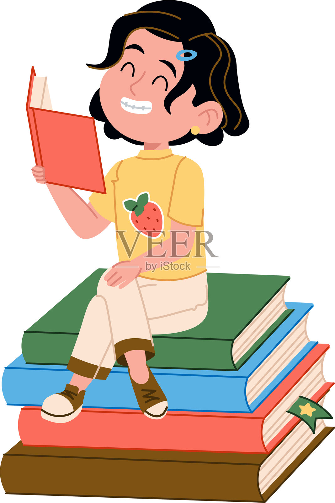 孩子们坐在书堆上阅读书籍插画图片素材