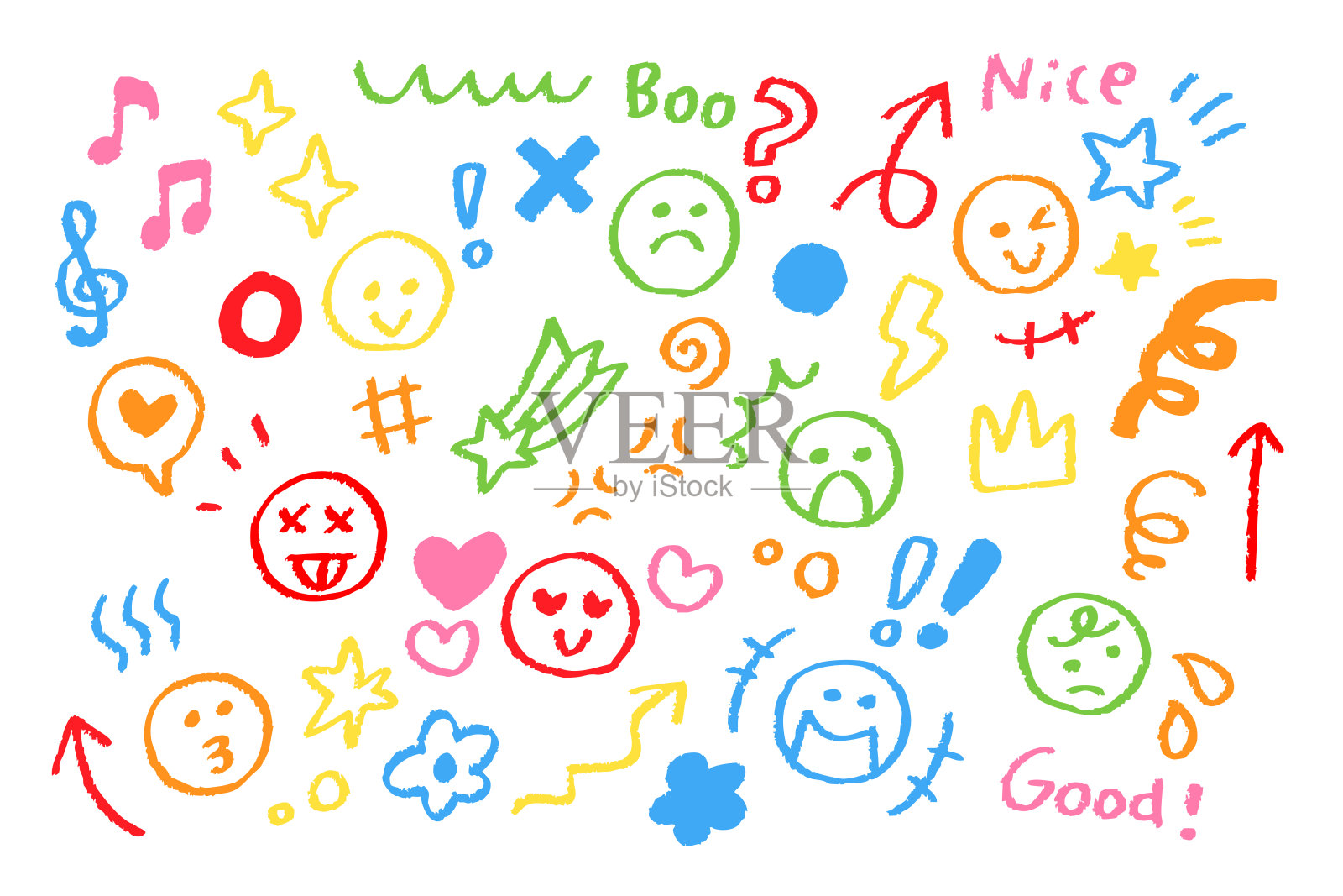 彩色手绘情感图标 - 蜡笔风格的面孔和符号套装插画图片素材