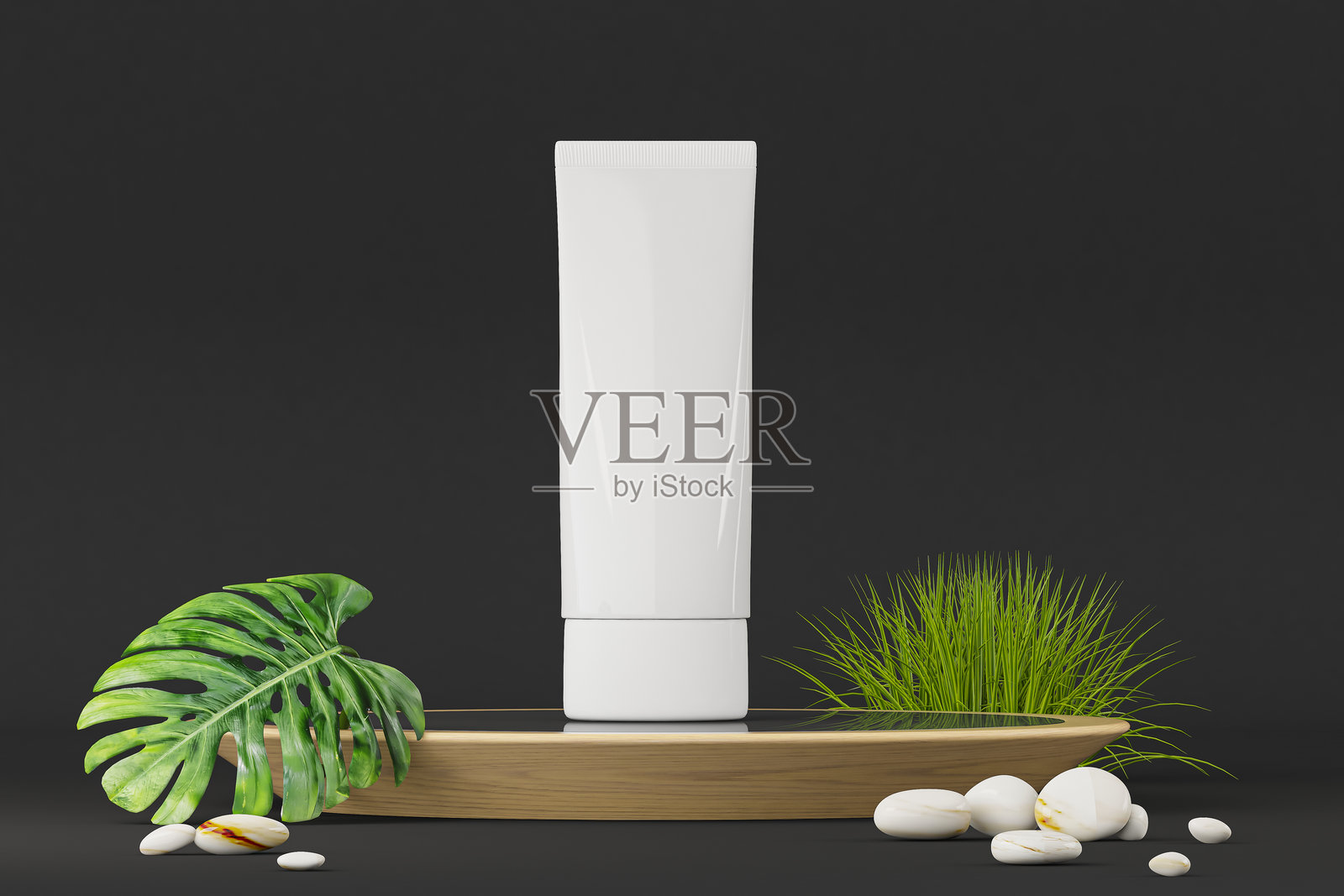 一个带盖的软管（空白）– 配有龟背竹叶和光滑石头的化妆品展示台照片摄影图片