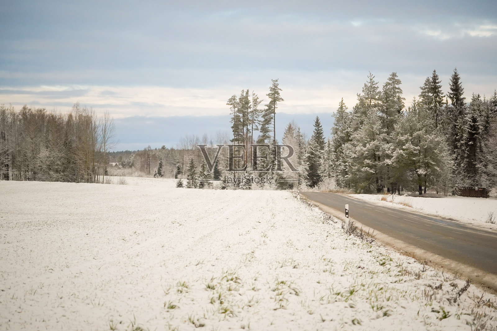 雪-covered田野与乡村道路照片摄影图片
