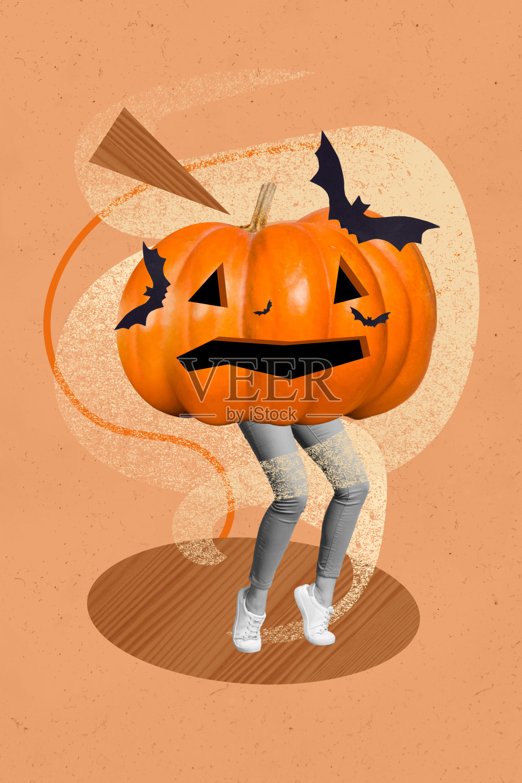 万圣节海报的复合趋势艺术作品，3D草图照片拼贴，快乐的南瓜身体表情符号，悲伤的人类腿部行走，适合鬼怪季节派对。照片摄影图片