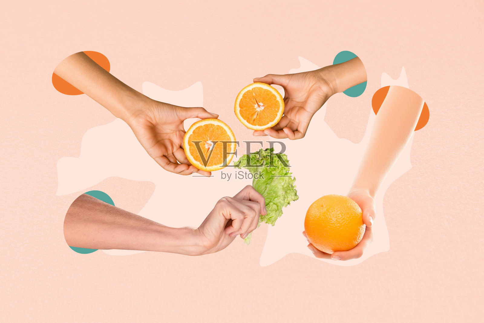 手握橙子、水果、生菜沙拉的拼贴照片，展示排毒营养饮食，适合素食者，背景为涂鸦风格。照片摄影图片