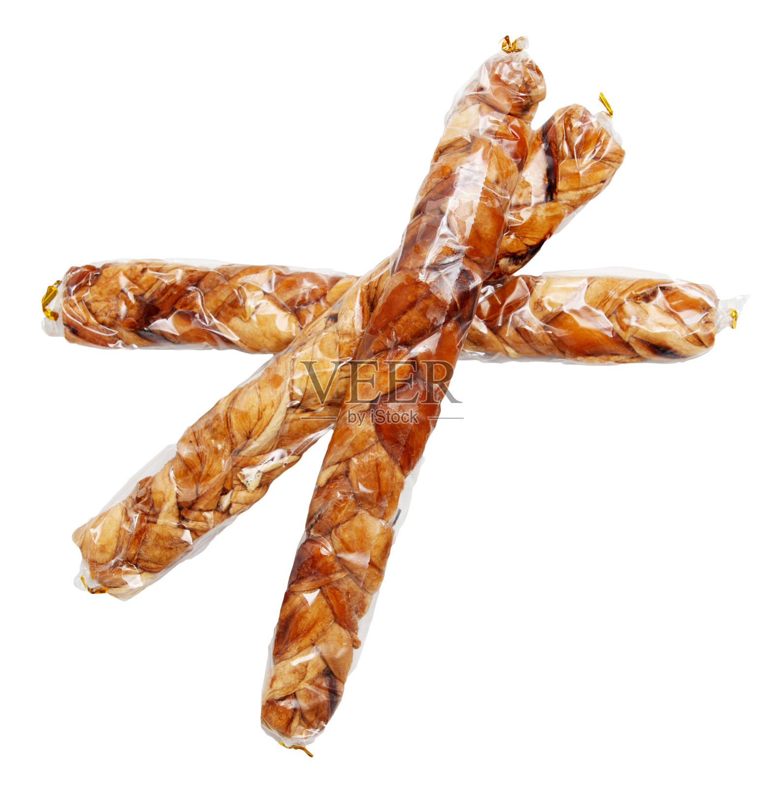 三件食物用塑料包装，放置在白色背景上照片摄影图片