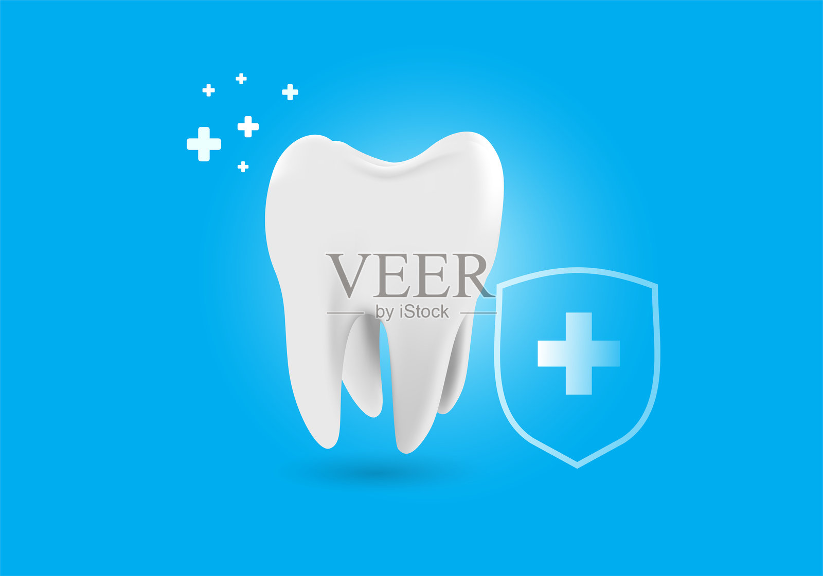 逼真的矢量健康发光牙齿。白色牙齿周围有保护盾。牙齿护理、保护和美白。照片摄影图片