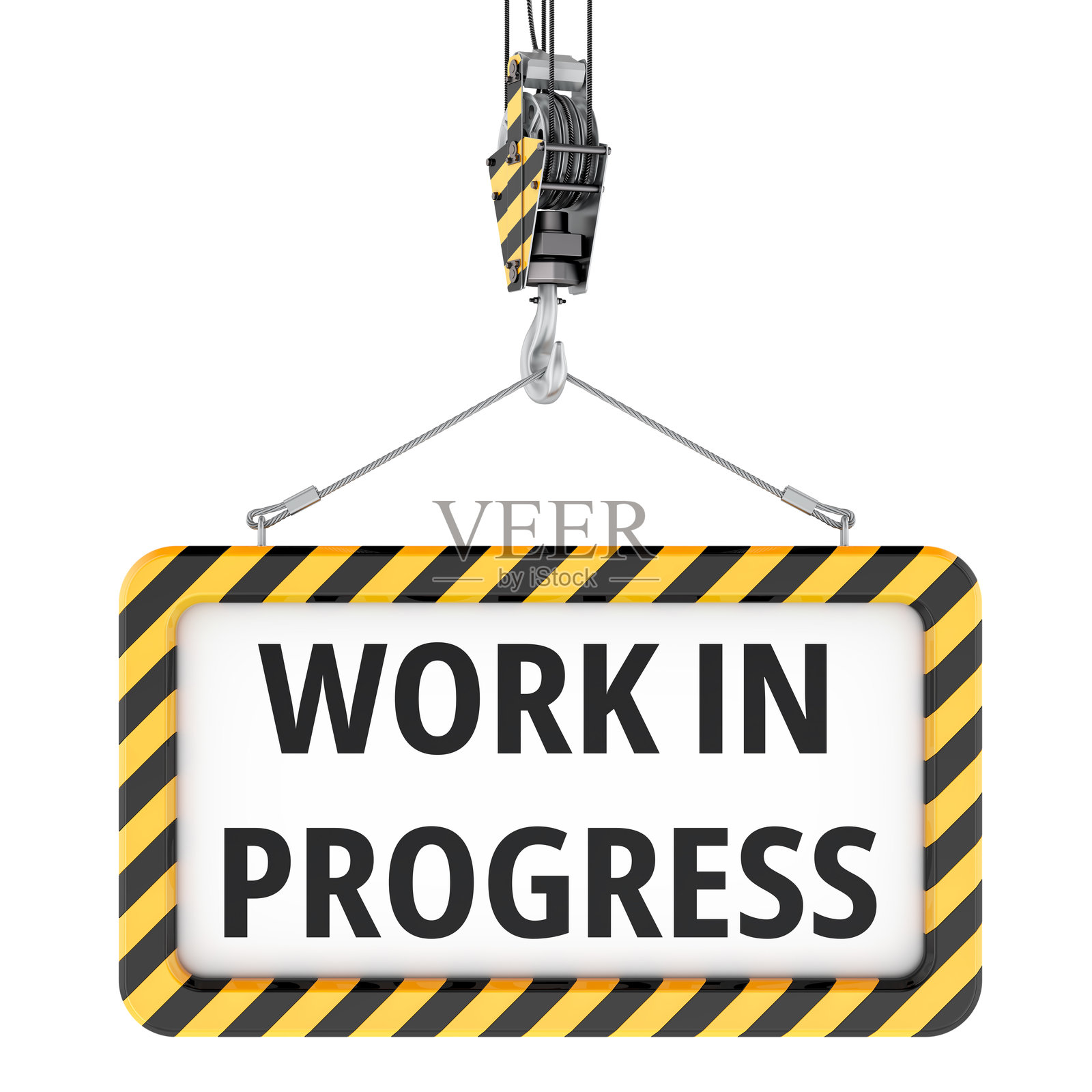 正在施工，悬挂在绳子上的标志。3D渲染。照片摄影图片