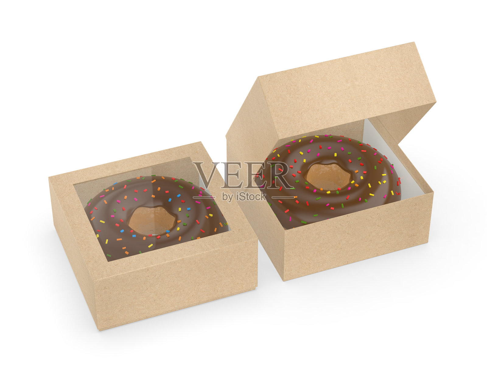 空白甜甜圈纸窗盒包装。照片摄影图片