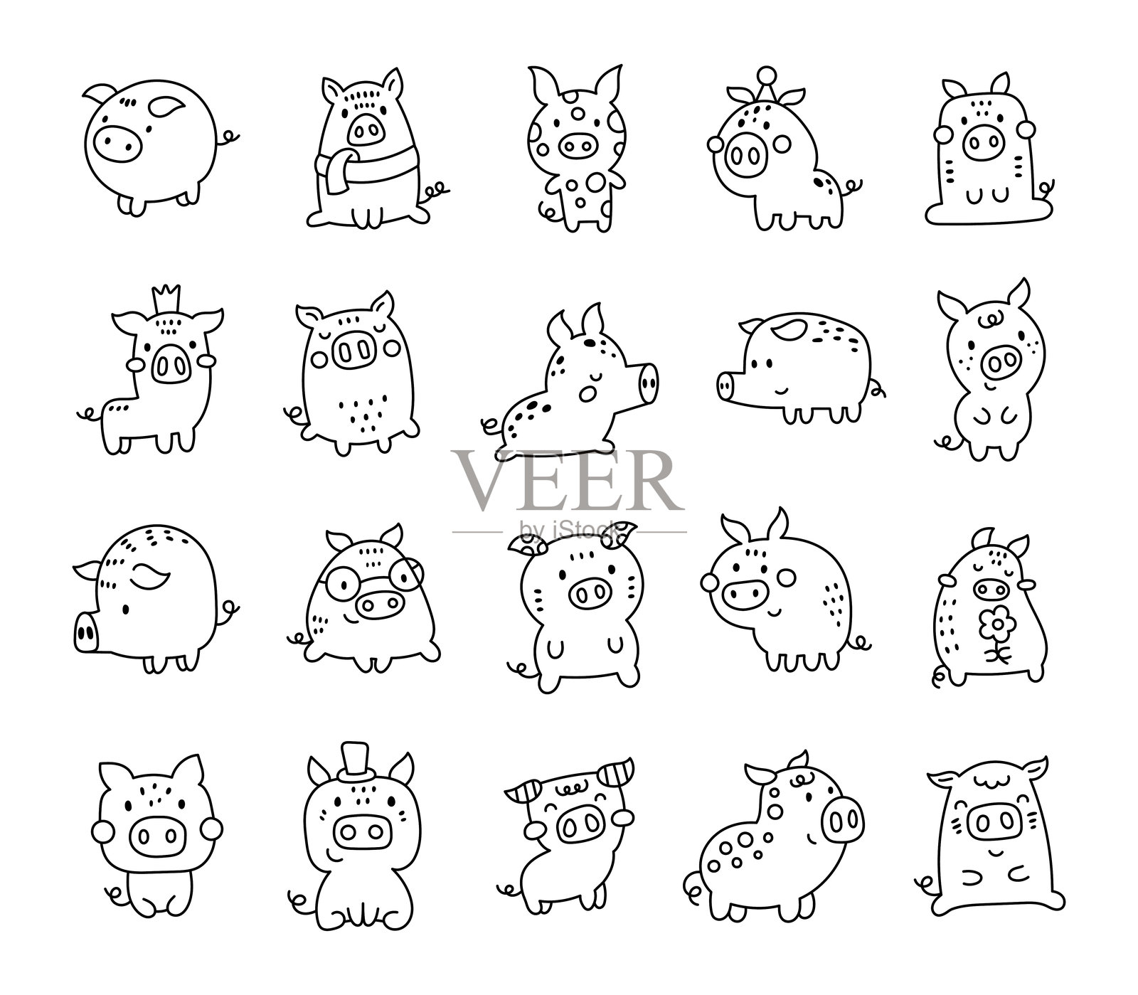 迷人的卡通猪系列，专为您的插图和创意设计项目而创作，包含可爱的动物友好角色和轮廓线条艺术。插画图片素材