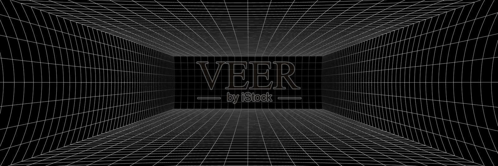 数字游戏或太空的3D网格房间背景。黑色盒子与未来相遇，具有抽象的线框纹理。未来主义的矢量隧道设计在网络空间中。插画图片素材