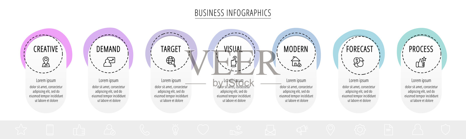 手绘信息图表，包含7个圆圈和标签。现代概念图形流程模板，展示七个步骤和符号。白色背景上的商业项目草图时间线。插画图片素材