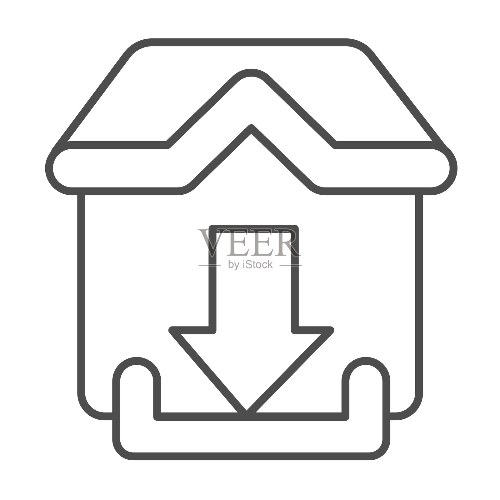 带下载篮的房屋细线图标，数据存储概念。矢量图形。小屋建筑和向下加载箭头标志，白色背景上的轮廓风格图标，适用于移动或网页设计。插画图片素材