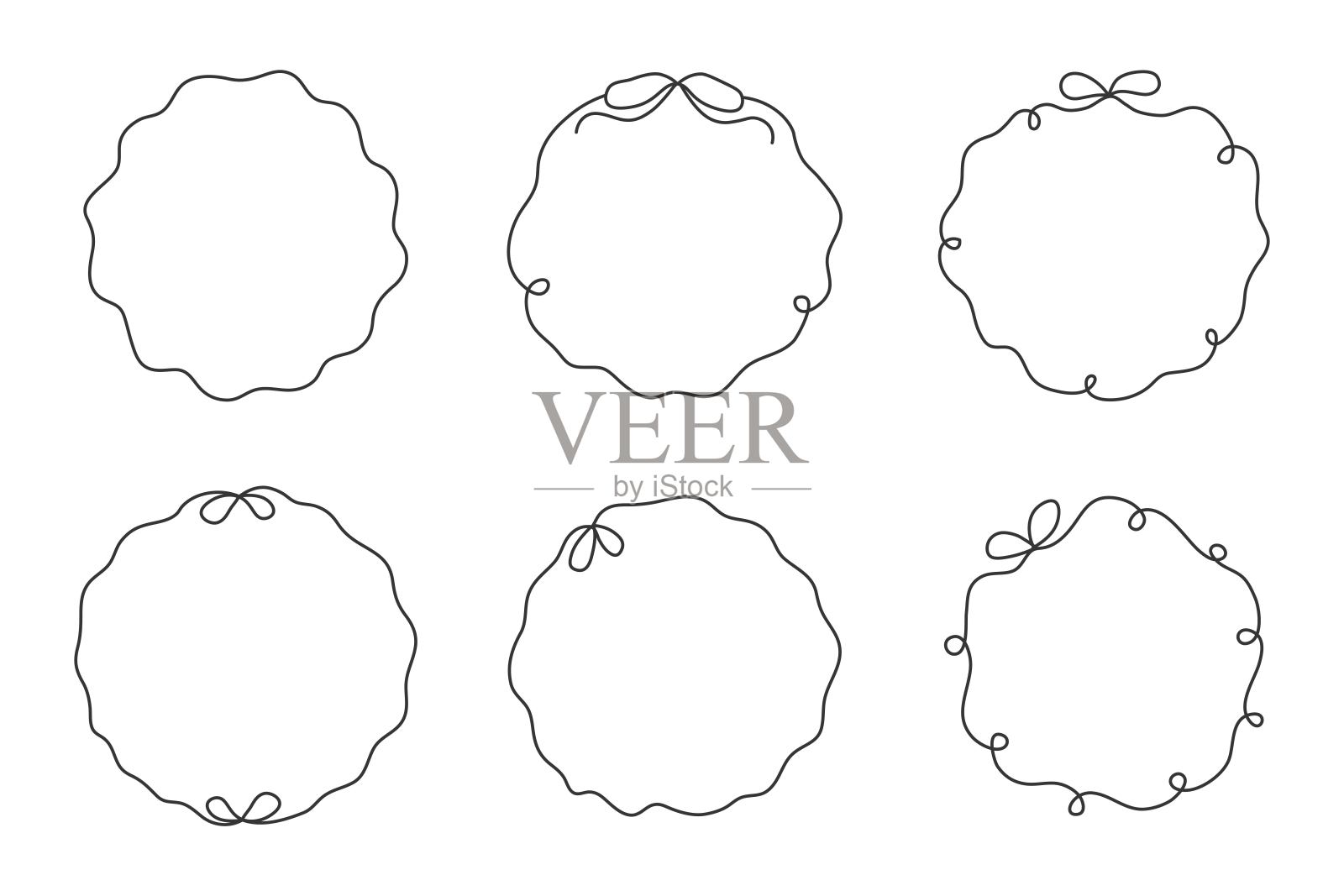 带蝴蝶结的圆形卷曲线框架套装插画图片素材