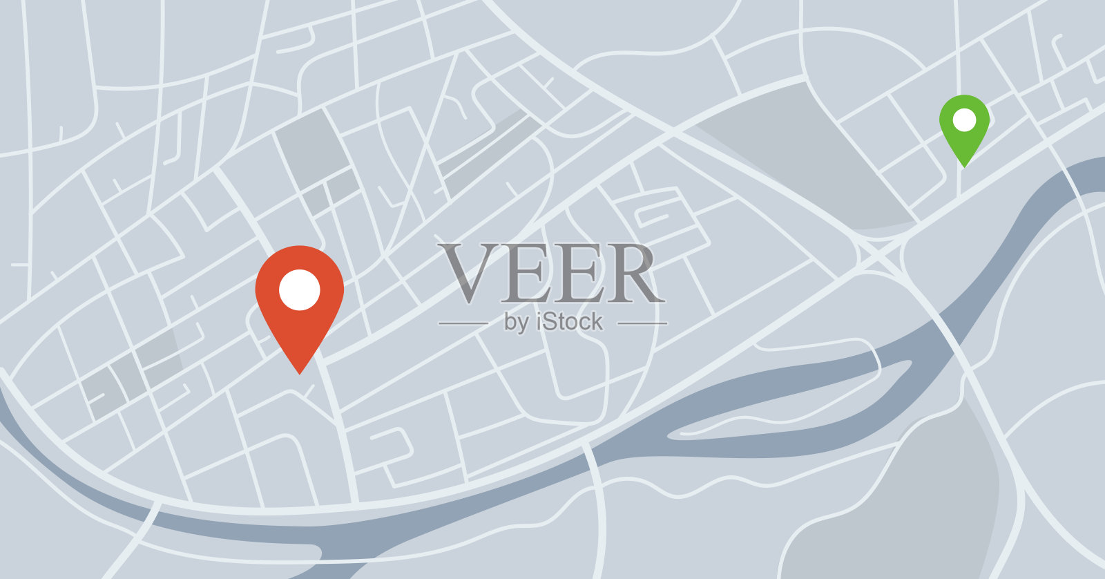 虚构城市地图，带有定位图钉和道路地图插画图片素材