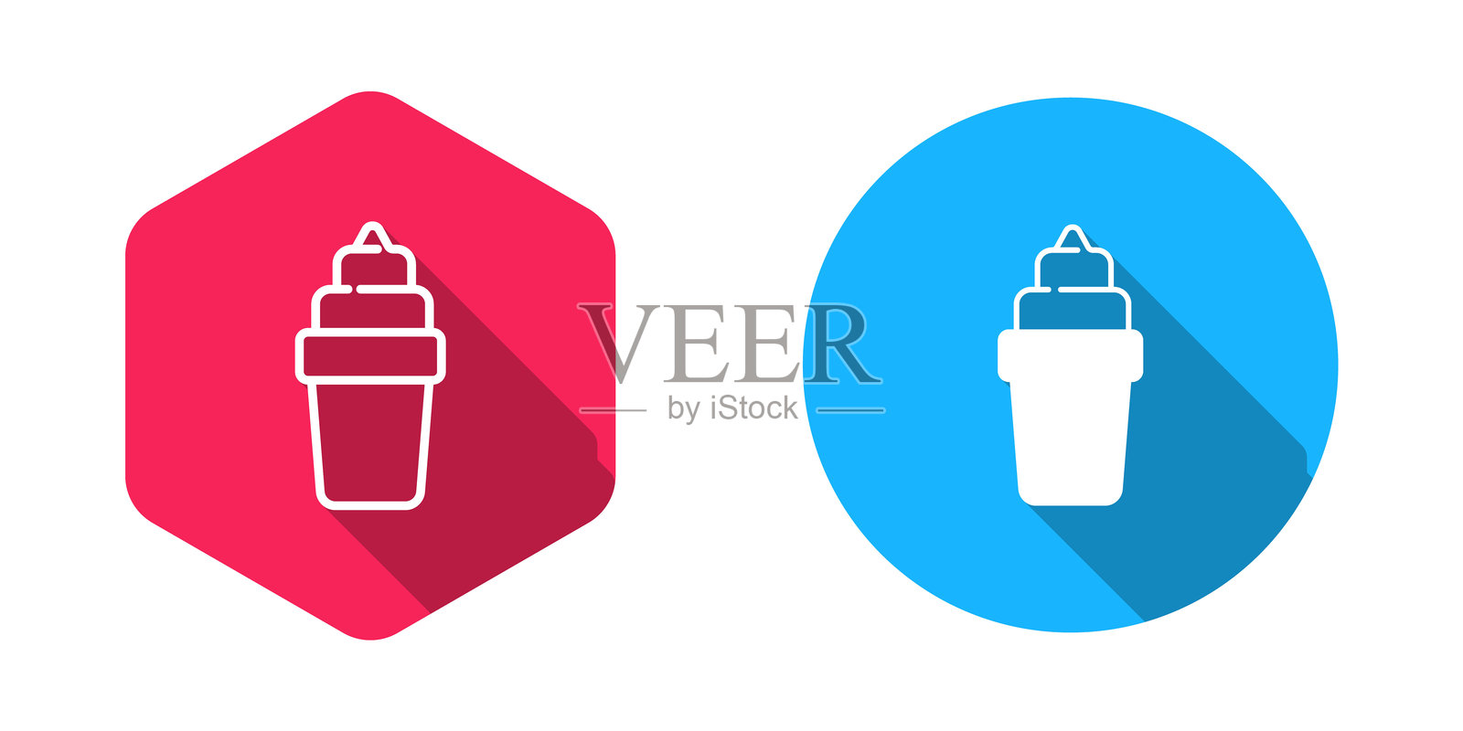 填充和轮廓的冰淇淋在华夫筒图标，带有长阴影背景。甜蜜的象征。矢量图。插画图片素材