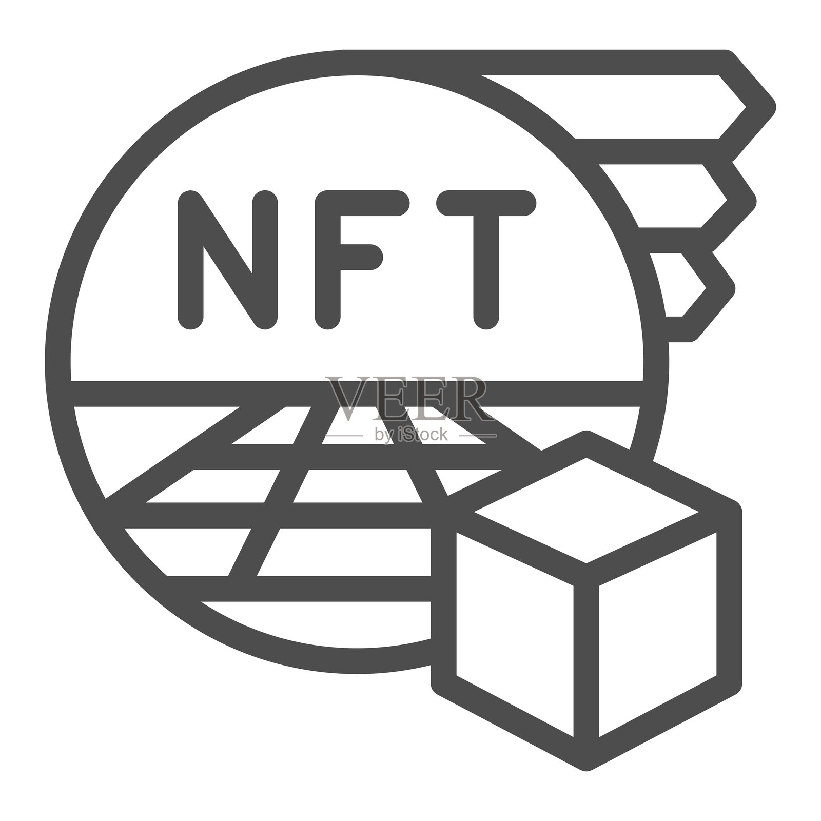 非同质化代币网站的空间线条图标，NFT多元宇宙概念。矢量图形。加密资产空间，元宇宙标志，白色背景上的轮廓风格图标，适用于移动或网页设计。插画图片素材