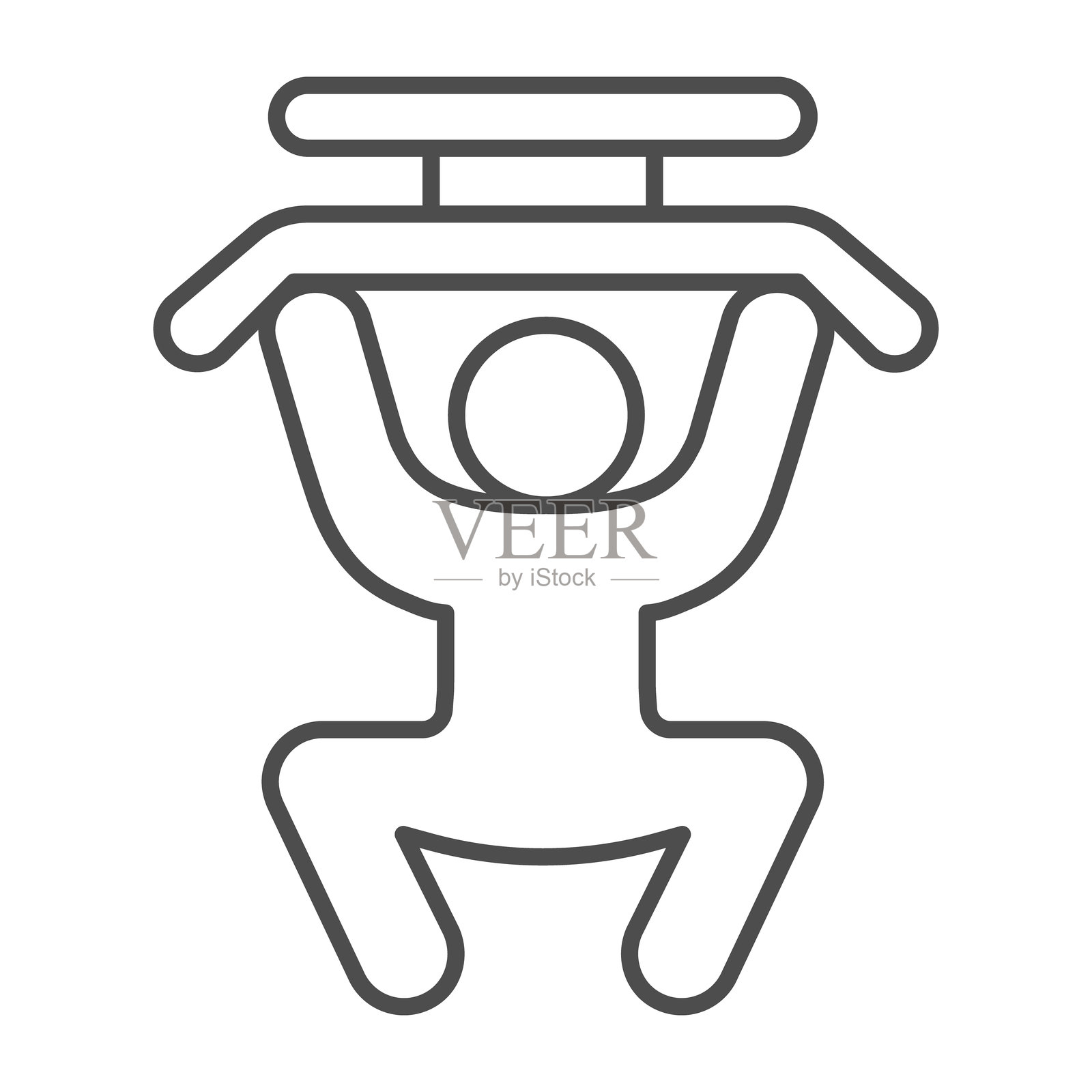 运动员在健身器械上锻炼的细线图标，健美概念。矢量图形。男性举重训练手臂，白色背景上的训练标志，适用于移动或网页设计的轮廓风格图标。插画图片素材