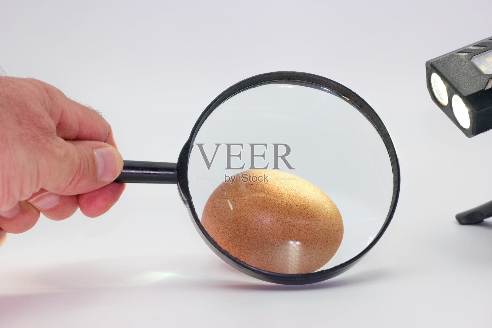 在聚焦光线下用放大镜观察棕色鸡蛋的细节照片摄影图片