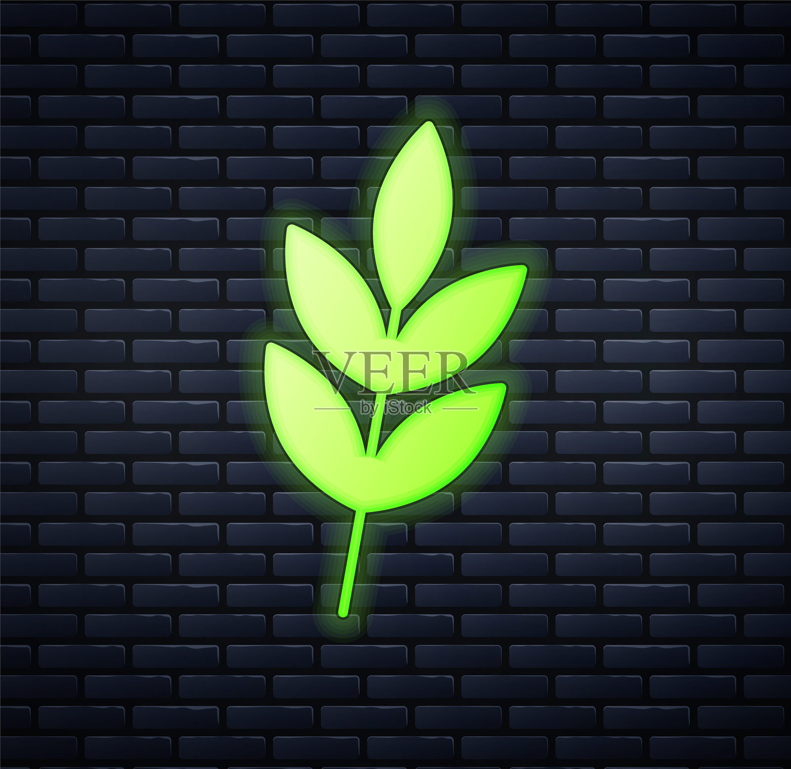 发光的霓虹叶子图标，背景为砖墙。叶子标志。新鲜天然产品符号。矢量图。插画图片素材