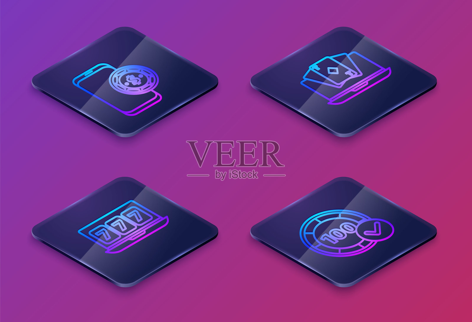 等距线在线扑克桌游戏，在线老虎机幸运七彩金，在线扑克桌游戏和赌场筹码。蓝色方形按钮。矢量图。插画图片素材