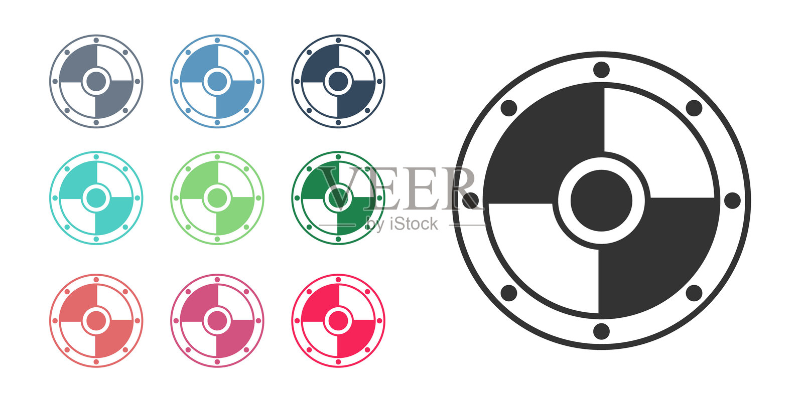 黑色圆形木质盾牌图标，背景为白色。安全、保护、隐私、守卫概念。彩色图标集合。矢量图。插画图片素材