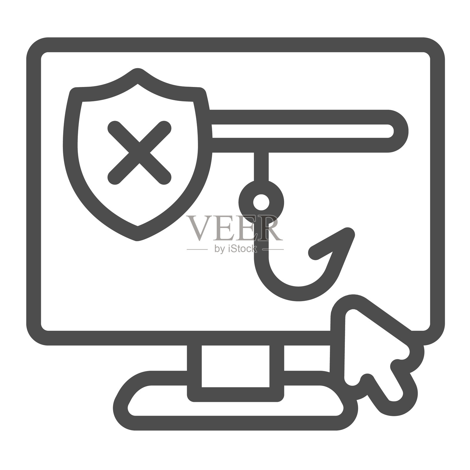 不安全连接的显示，带钩线图标，数据安全概念。矢量图形。欺诈屏幕和鼠标光标标志，白色背景上的轮廓风格图标，适用于移动或网页设计。插画图片素材