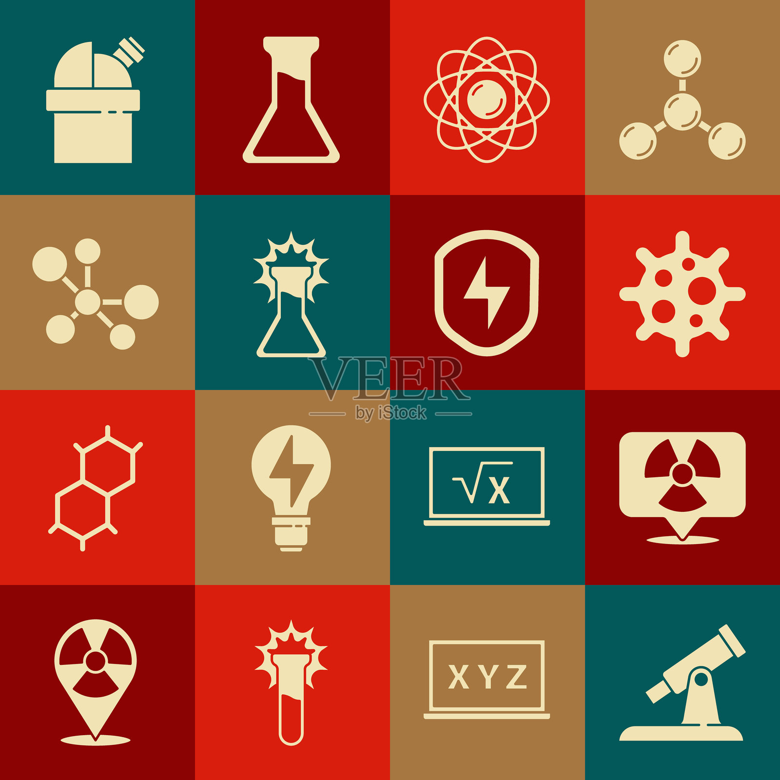设置望远镜、放射性物质、病毒、原子、试管和烧瓶、分子、天文台以及带闪电图标的安全屏障。矢量图。插画图片素材