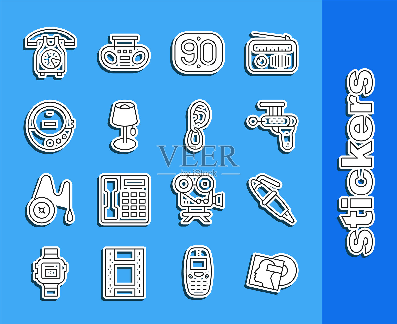 线条风格的黑胶唱片、钢笔笔尖、射线枪、90年代复古、落地灯、音乐CD播放器、电话听筒和带耳环的耳朵图标。矢量图。插画图片素材