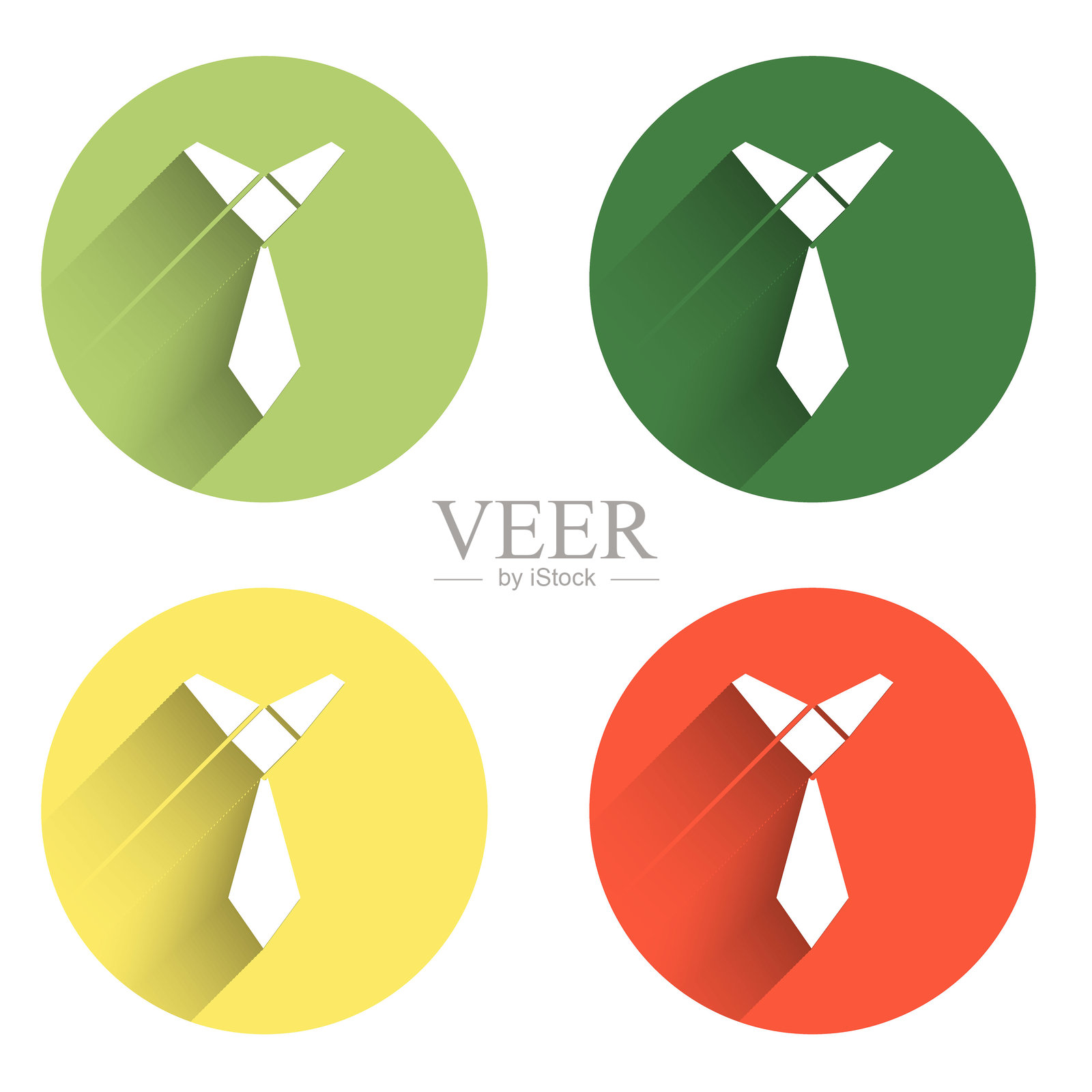 领带图标，带有长阴影背景。领带和领巾符号。彩色圆形按钮。矢量图。插画图片素材