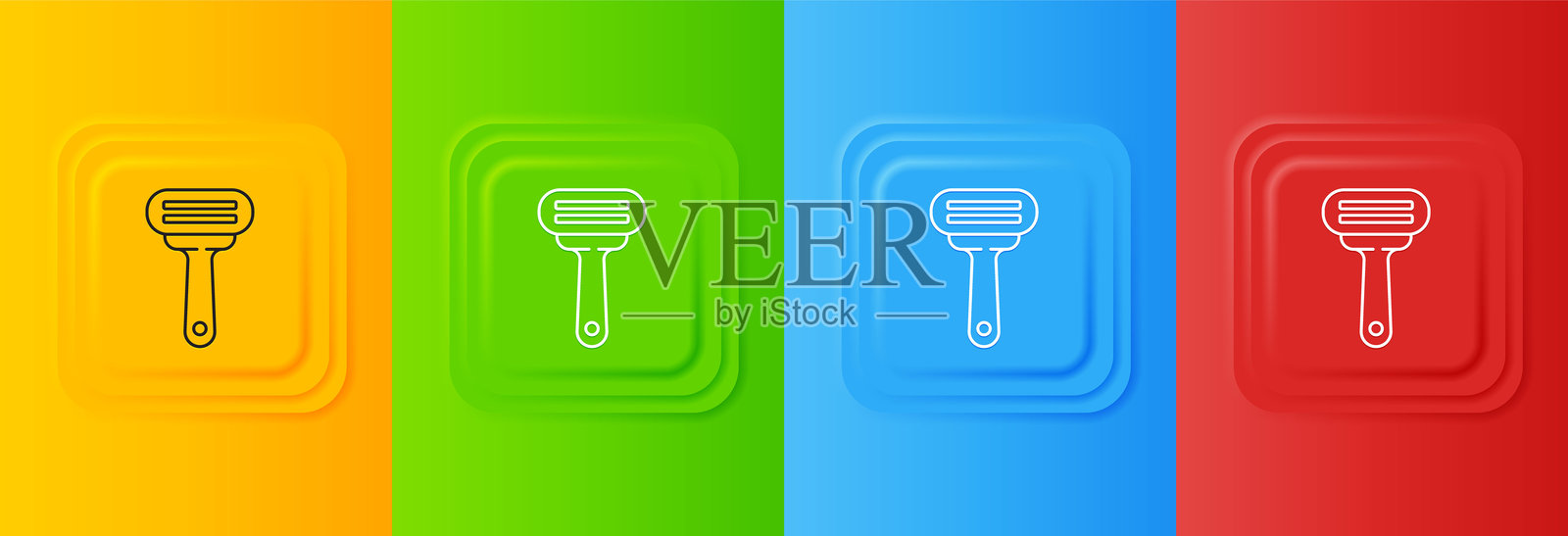 白色剃须刀图标，背景为多彩色。方形按钮中的图标集合。插画图片素材