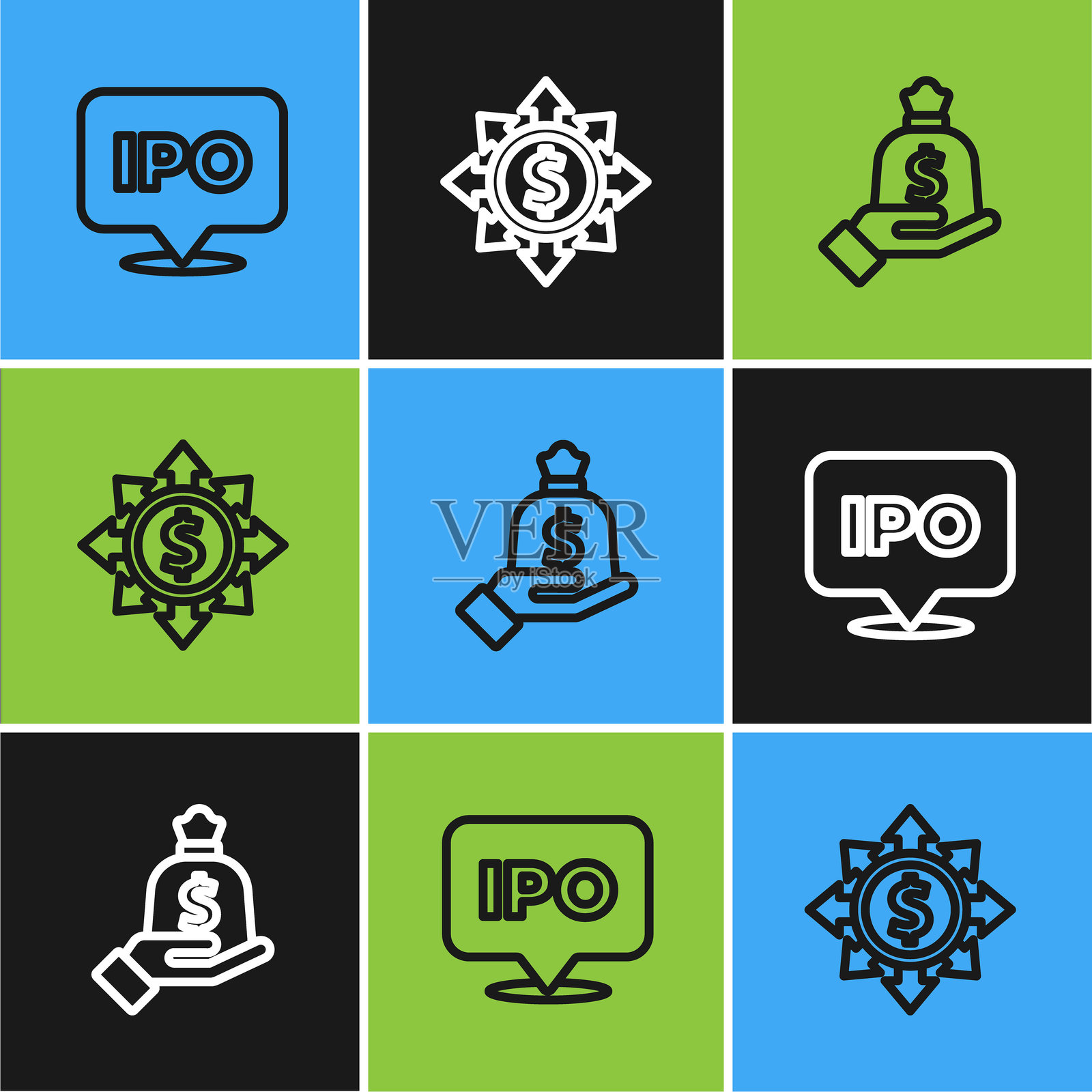 设定首次公开募股，手握钱袋和美元，分享，网络图标。矢量图。插画图片素材