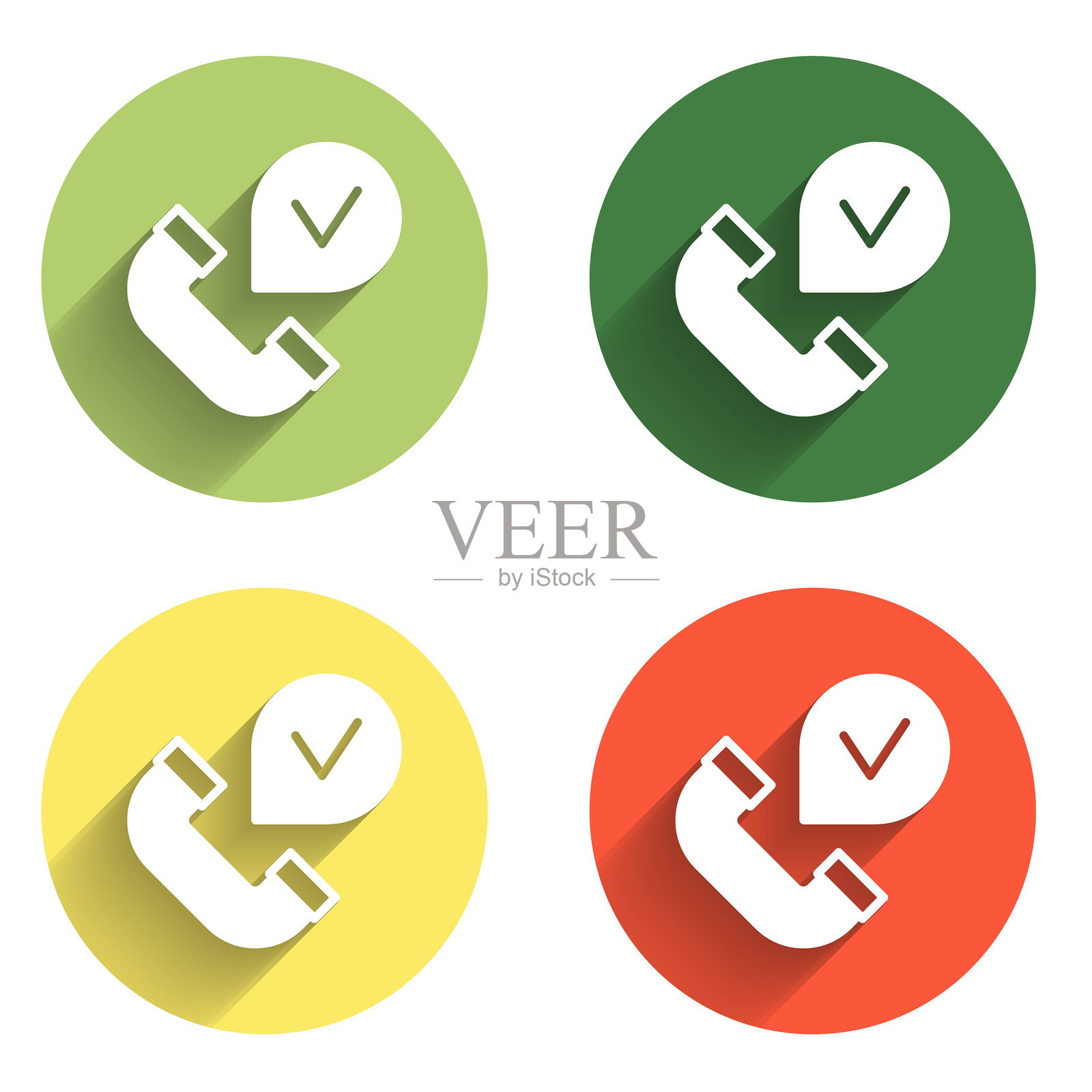 电话听筒图标，带有长阴影背景。电话标志。彩色圆形按钮。矢量图。插画图片素材