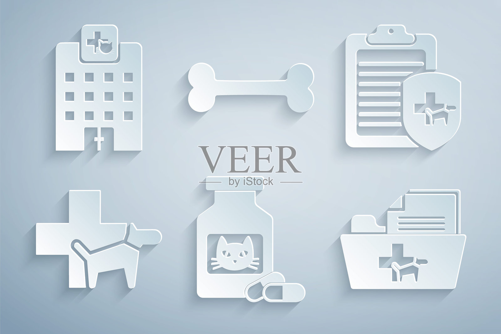 猫药瓶和药丸，宠物临床记录，兽医诊所，兽医医疗文件，狗骨头和医院图标。矢量图。插画图片素材