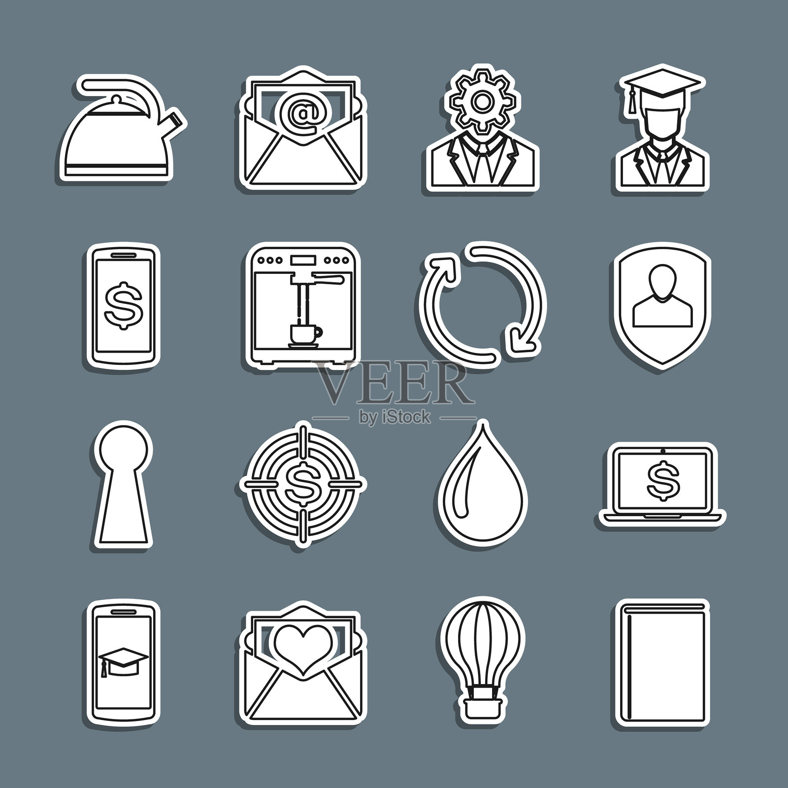 书本、带美元的笔记本电脑、用户保护、内部头盔、咖啡机和杯子、智能手机、水壶把手和刷新图标。矢量图。插画图片素材